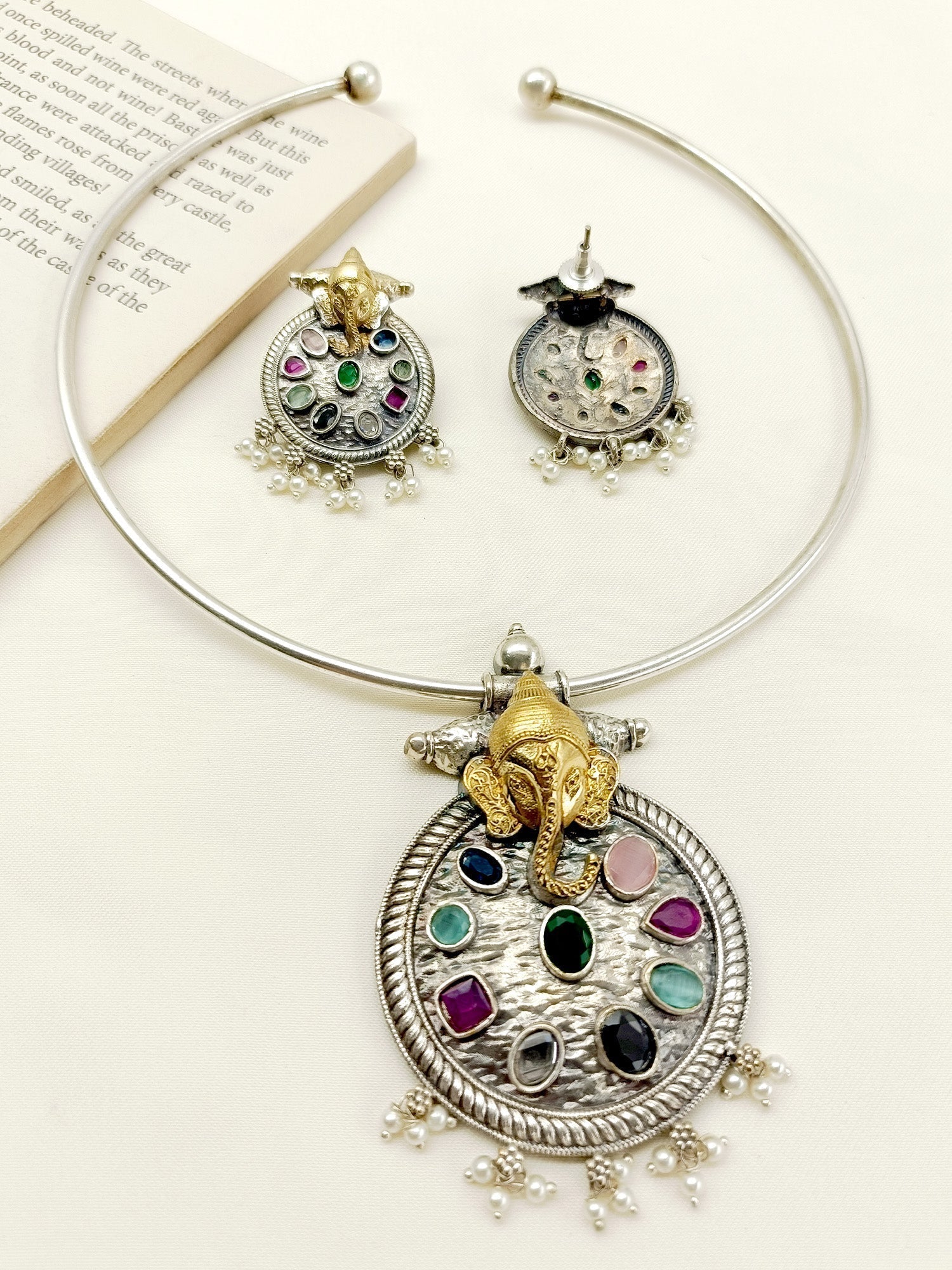 Trilochana Multi Colour Ganesh Ji Oxidized Hasli Style Necklace Set - qivii