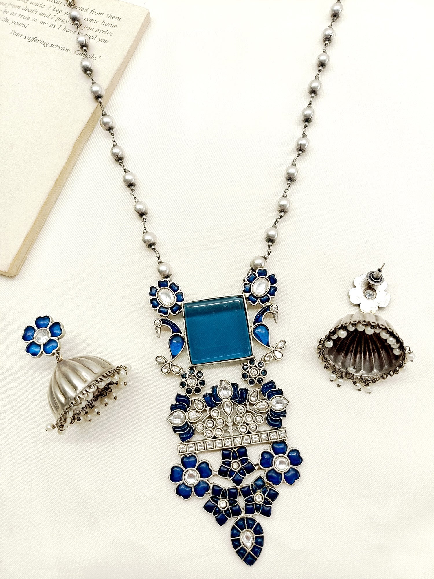 Gureza Navy Blue German Silver Oxidized Pendant Set - qivii