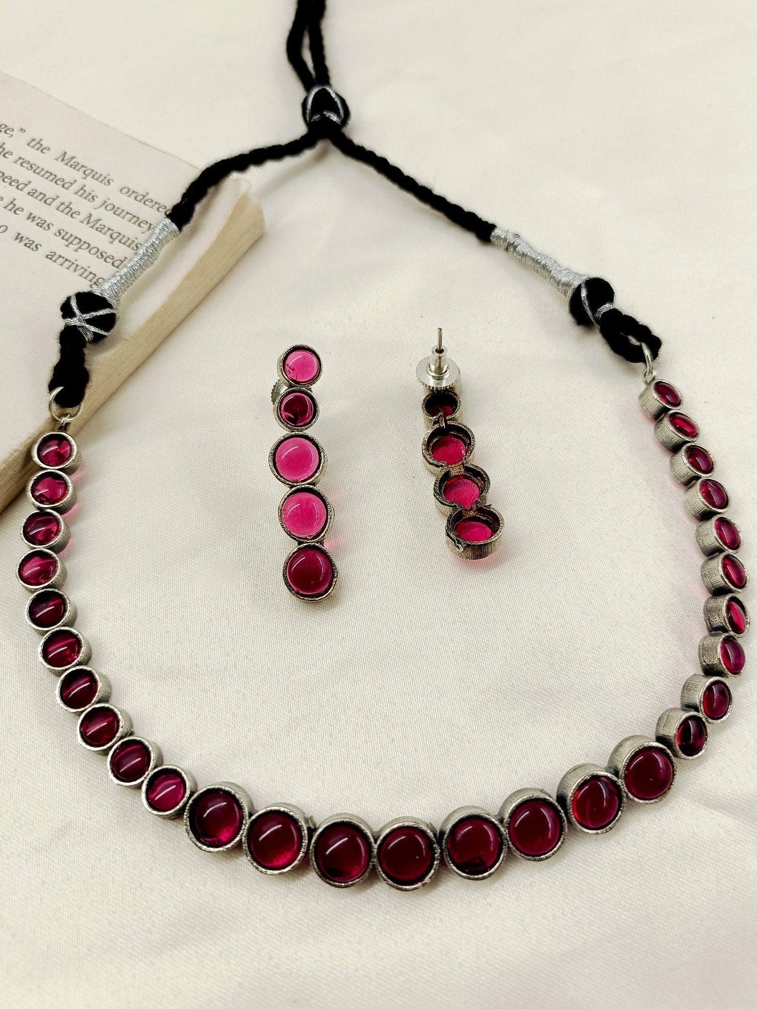 Eleanor Rose Pink Oxidized Necklace Set - qivii
