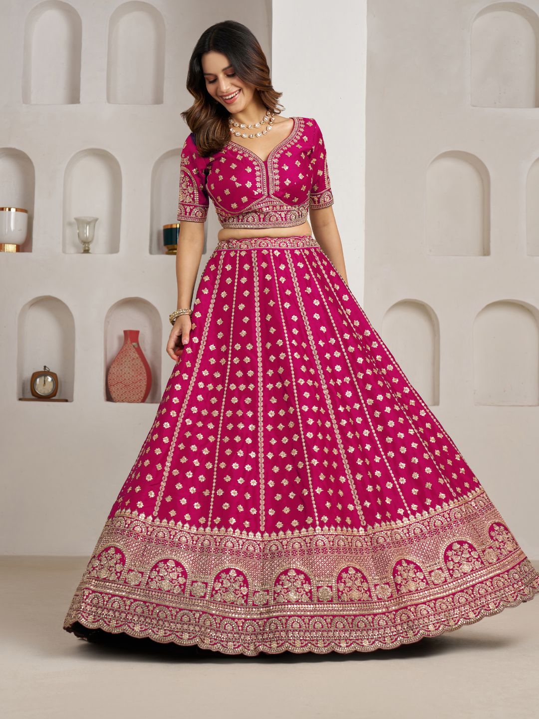 Elegant Rani Bridal Lehenga with Double Dupatta Styling