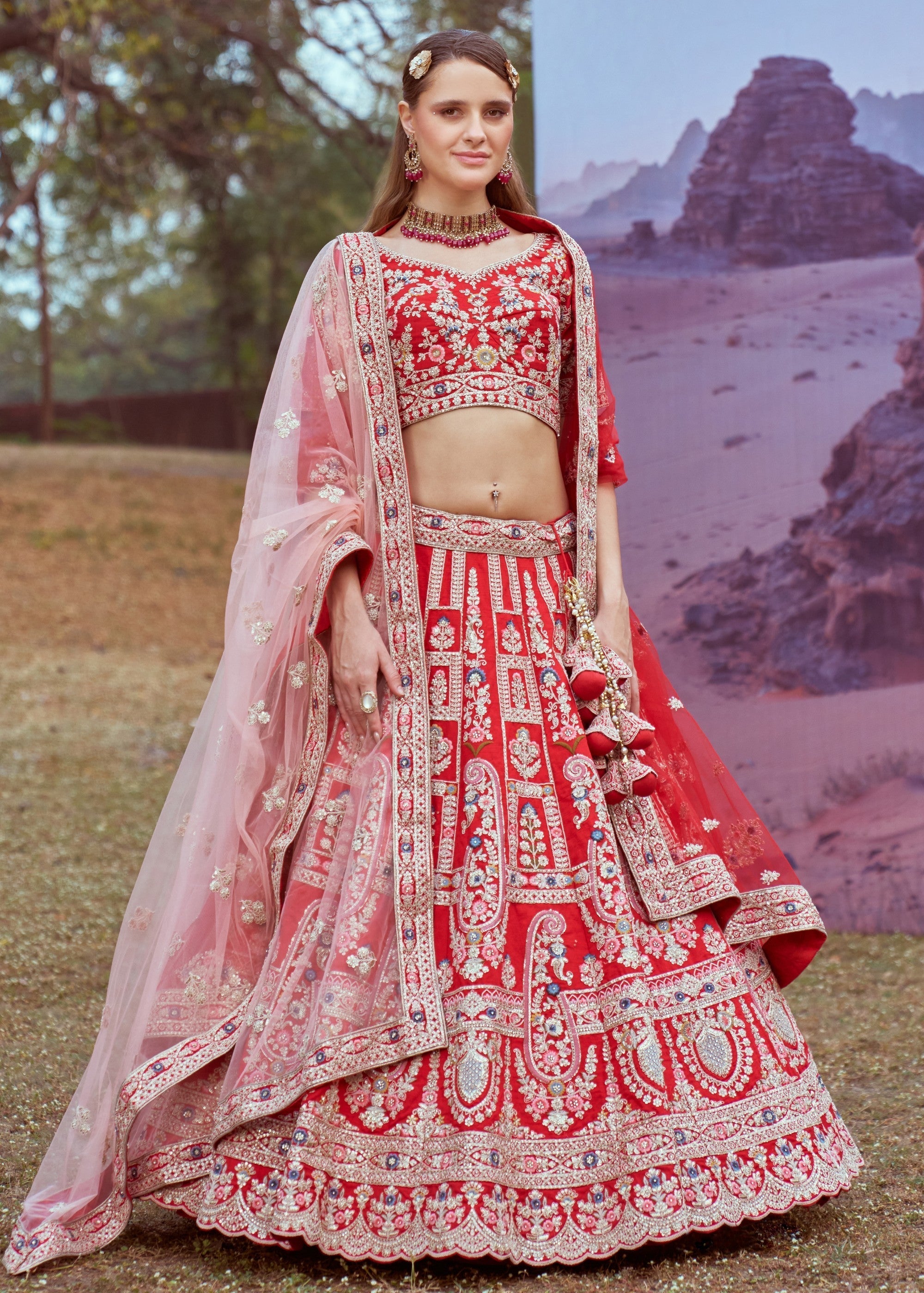 Red Pure silk Moti, Sequins embroidery Bridal Lehenga | Ready To Wear - qivii
