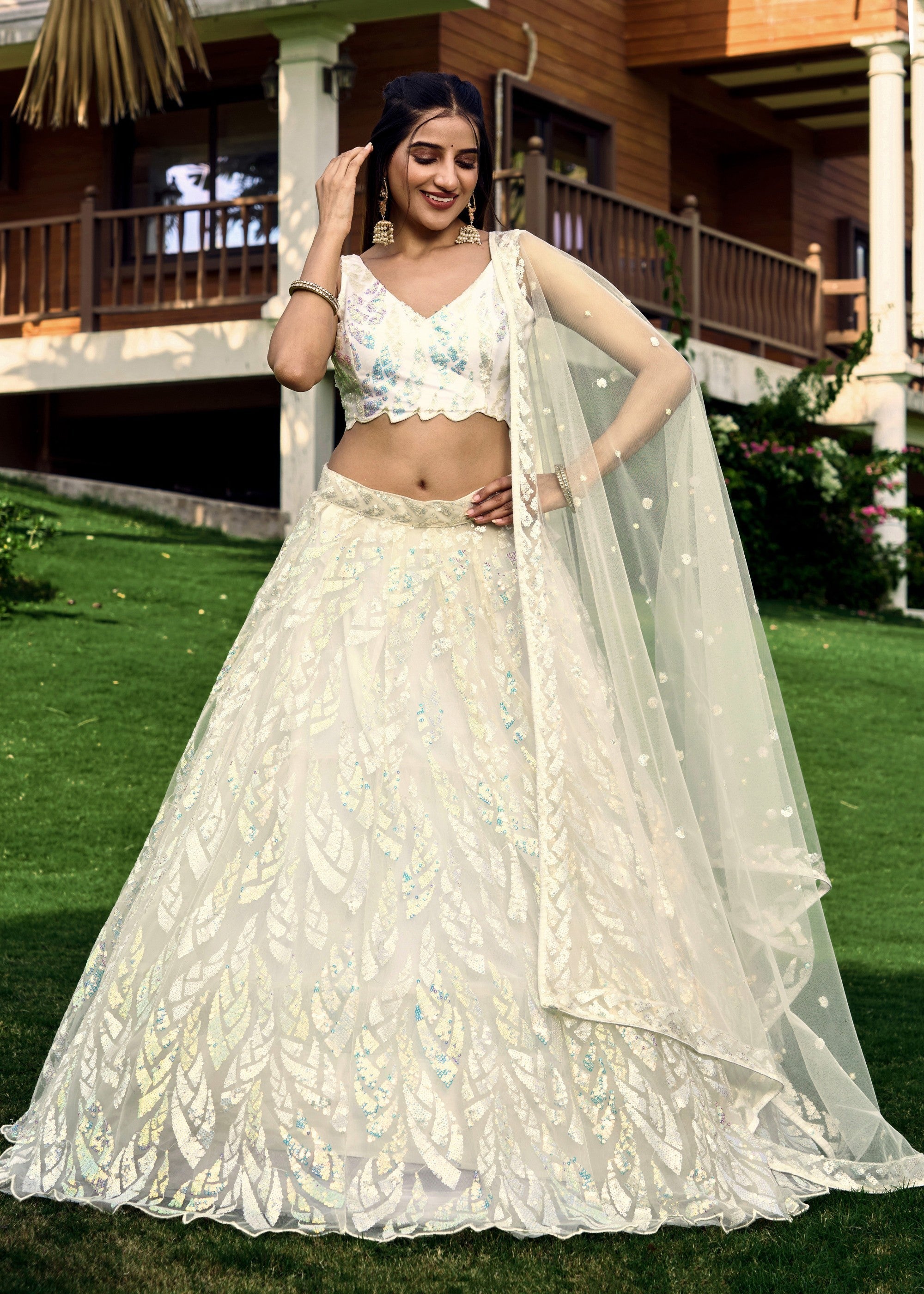 Snow White Net Lehenga Choli With Multiple Sequins And Thread Embroidery Work | Ready To Wear - qivii