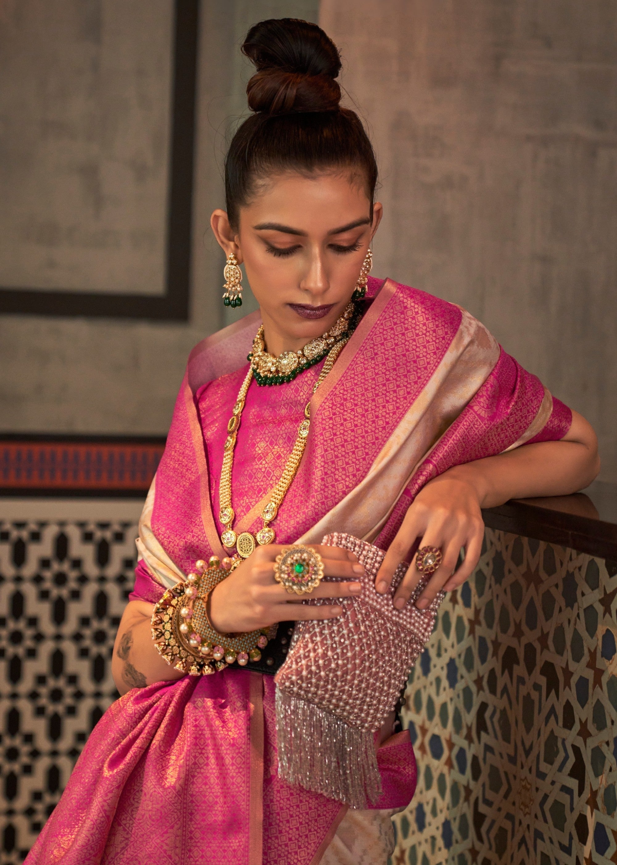 Off-White and Mulberry Silk Zari Base Chaap Handloom Weaving Saree - qivii