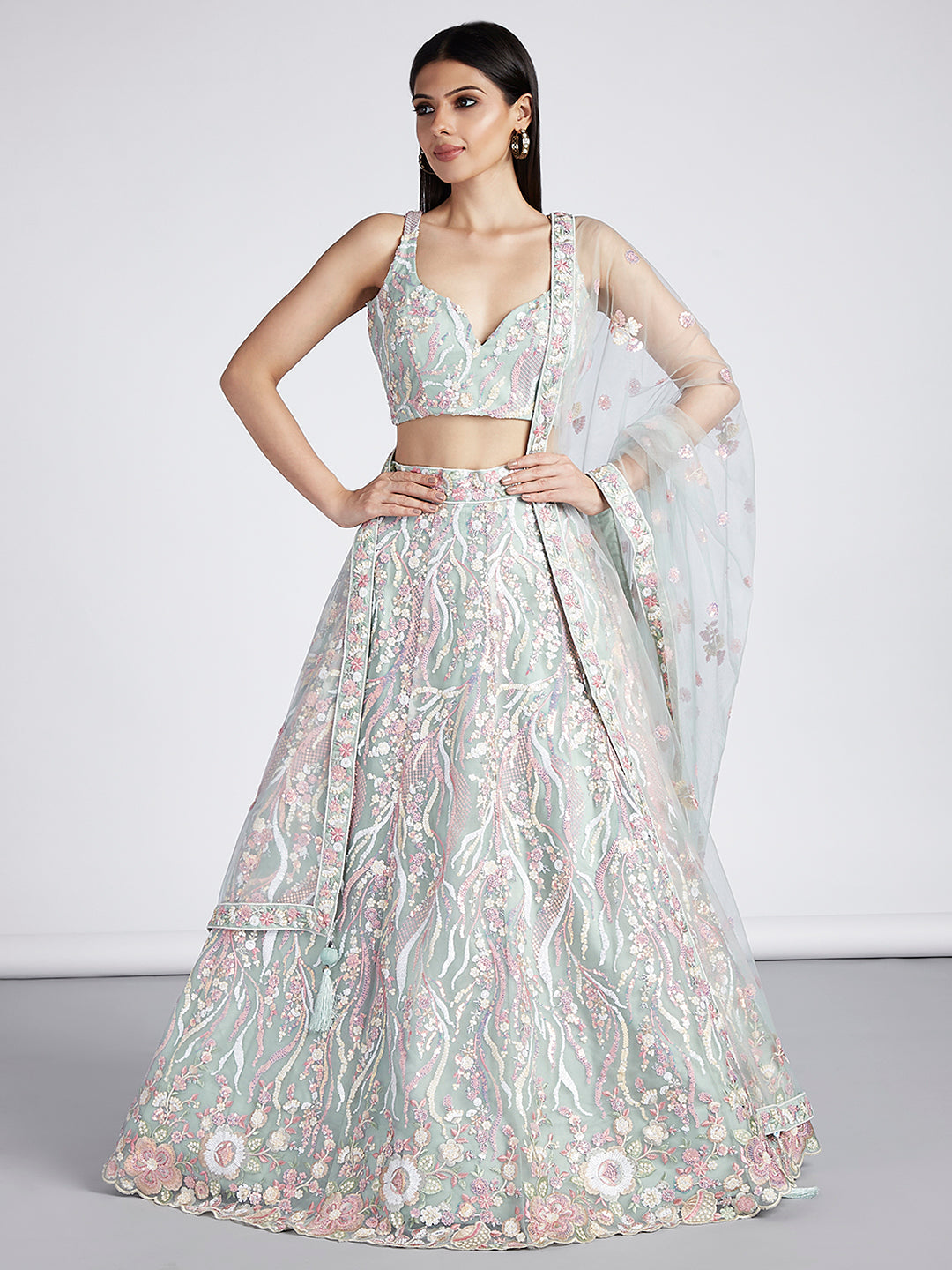 Limegreen - Multi-Sequins & Thread Work Embroidery Net Semi-Stitched Lehenga - qivii