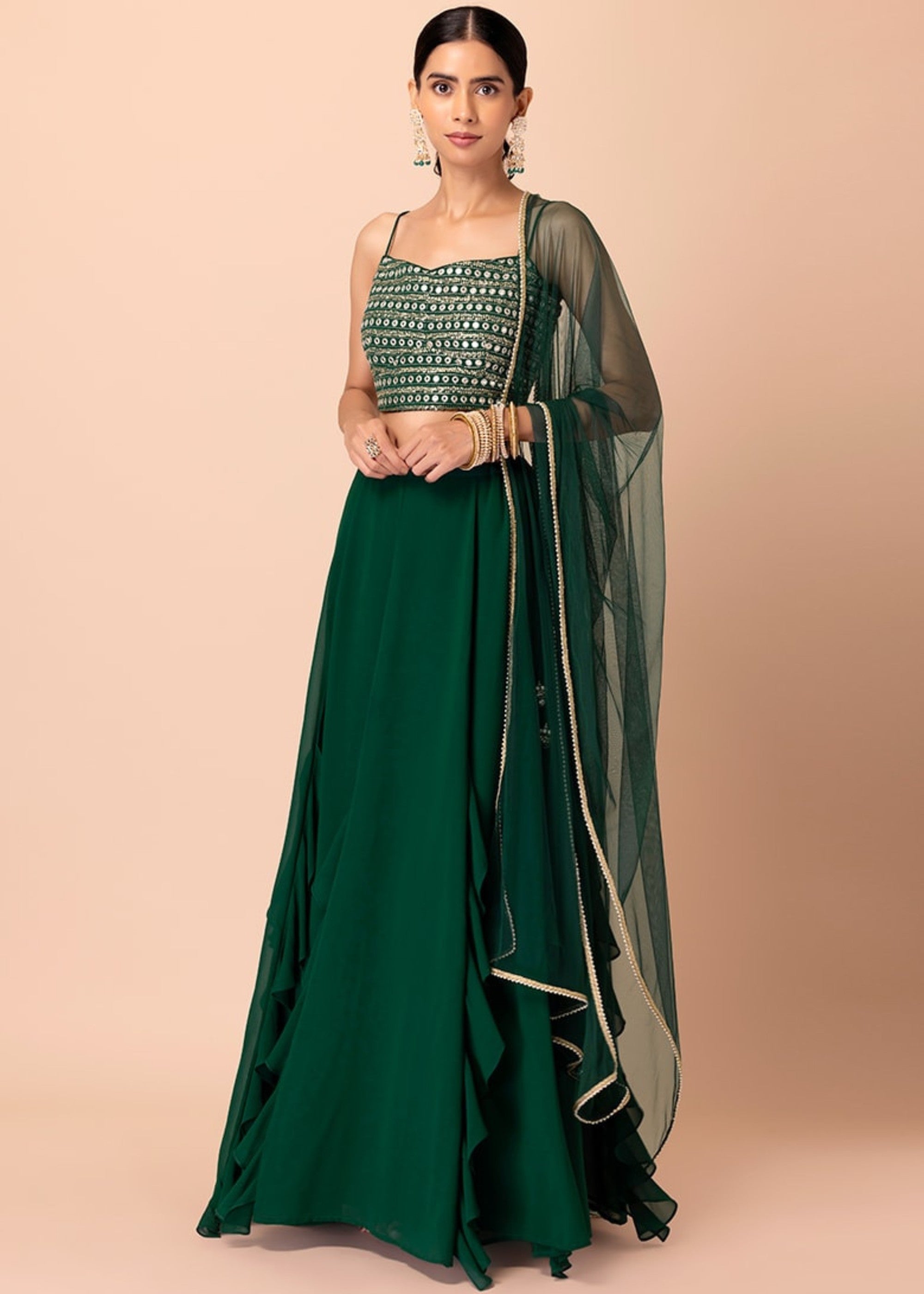 Dark Green Georgette Lehenga Choli With Sequins And Thread Embroidery Work | Ready To Wear - qivii