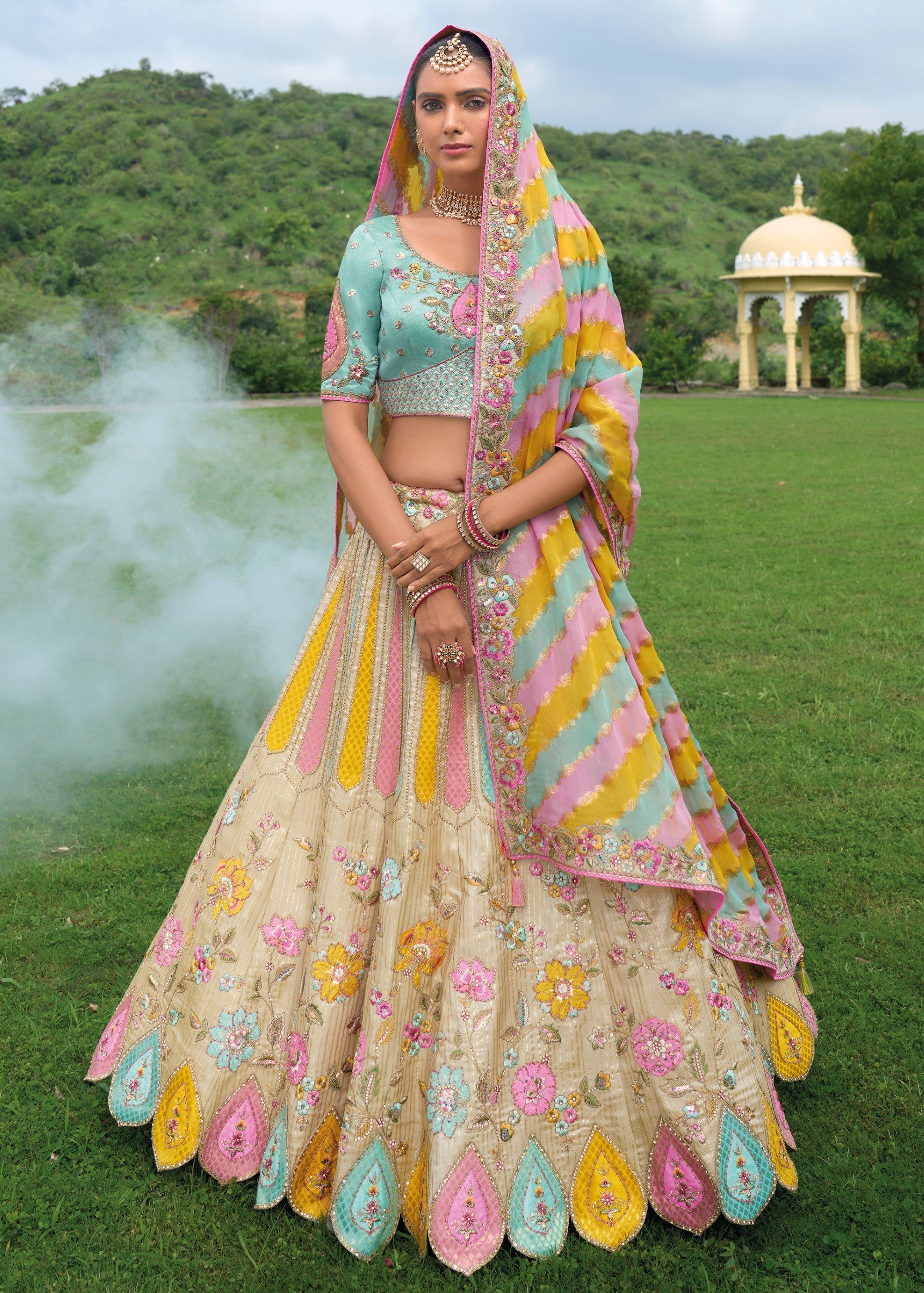 Sand Brown Banarasi Silk Lehenga With Heavy Embroidery Work | Ready To Wear - qivii