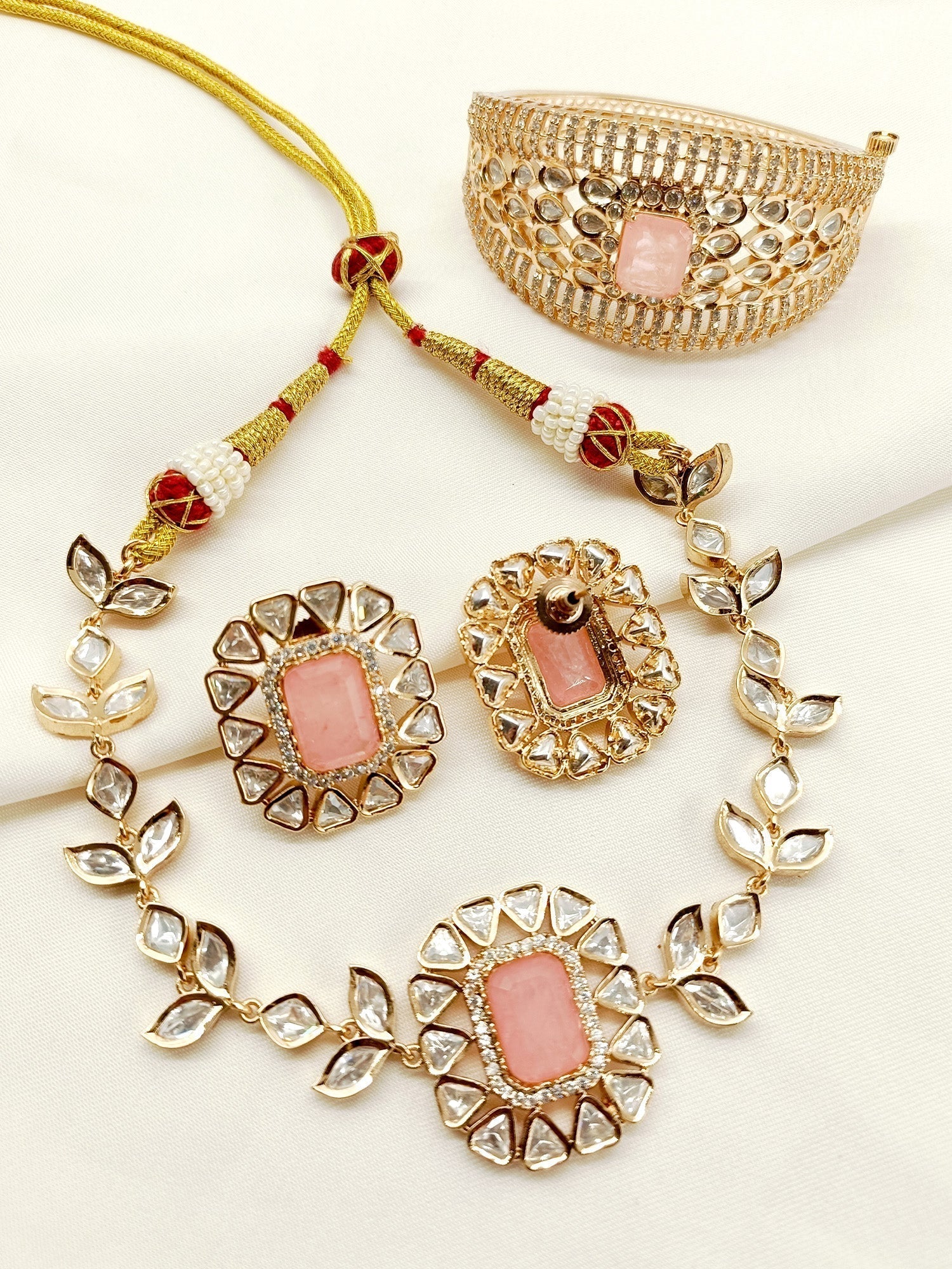 Avanya Pink Kundan Choker With Bracelet Combo set - qivii