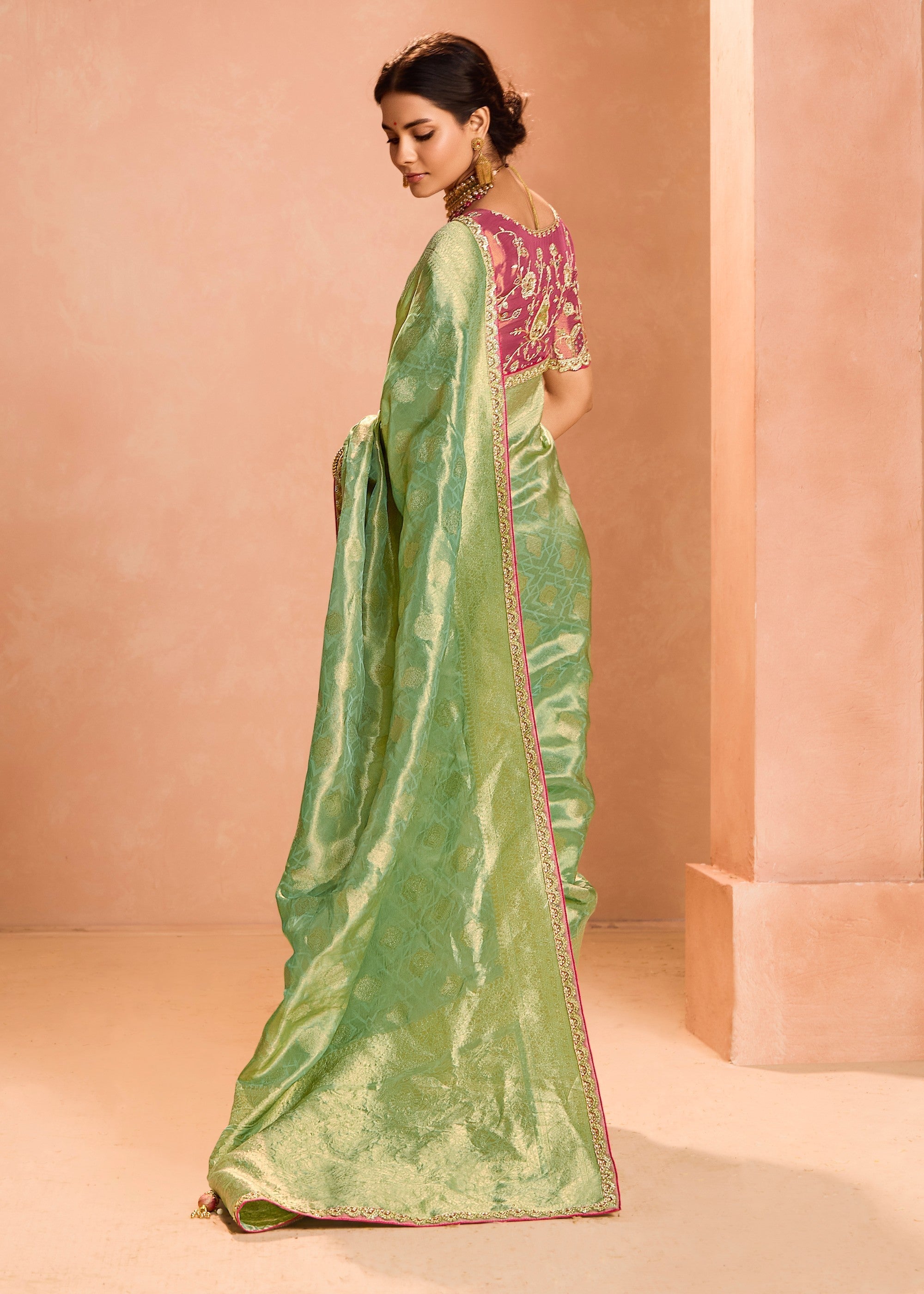 Pastel Green Zari Tissue Silk Saree With Weaving Work And Heavy Embroidery Lace - qivii
