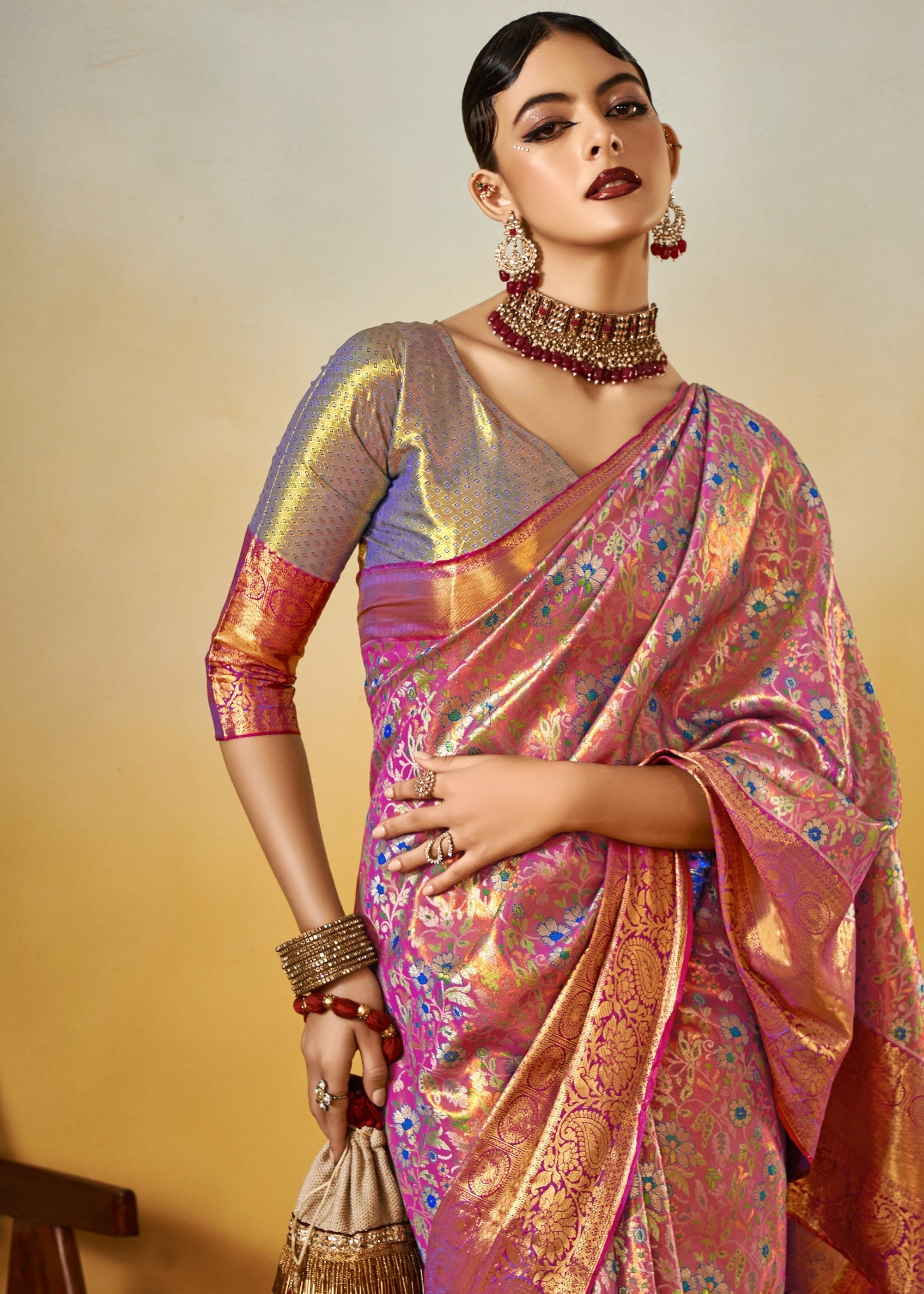 Purple and Green Handloom Dharamavaram Silk Saree - qivii