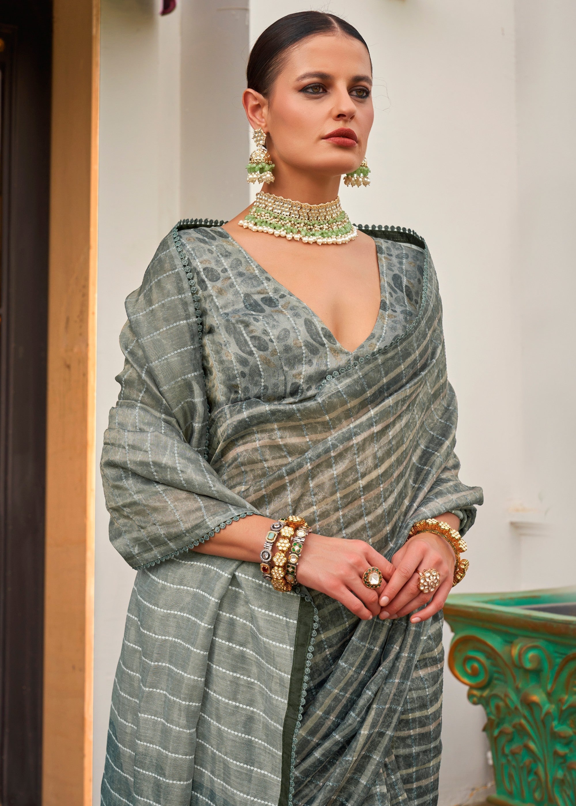 Dusty Blue Pure Tissue Silk Saree - qivii