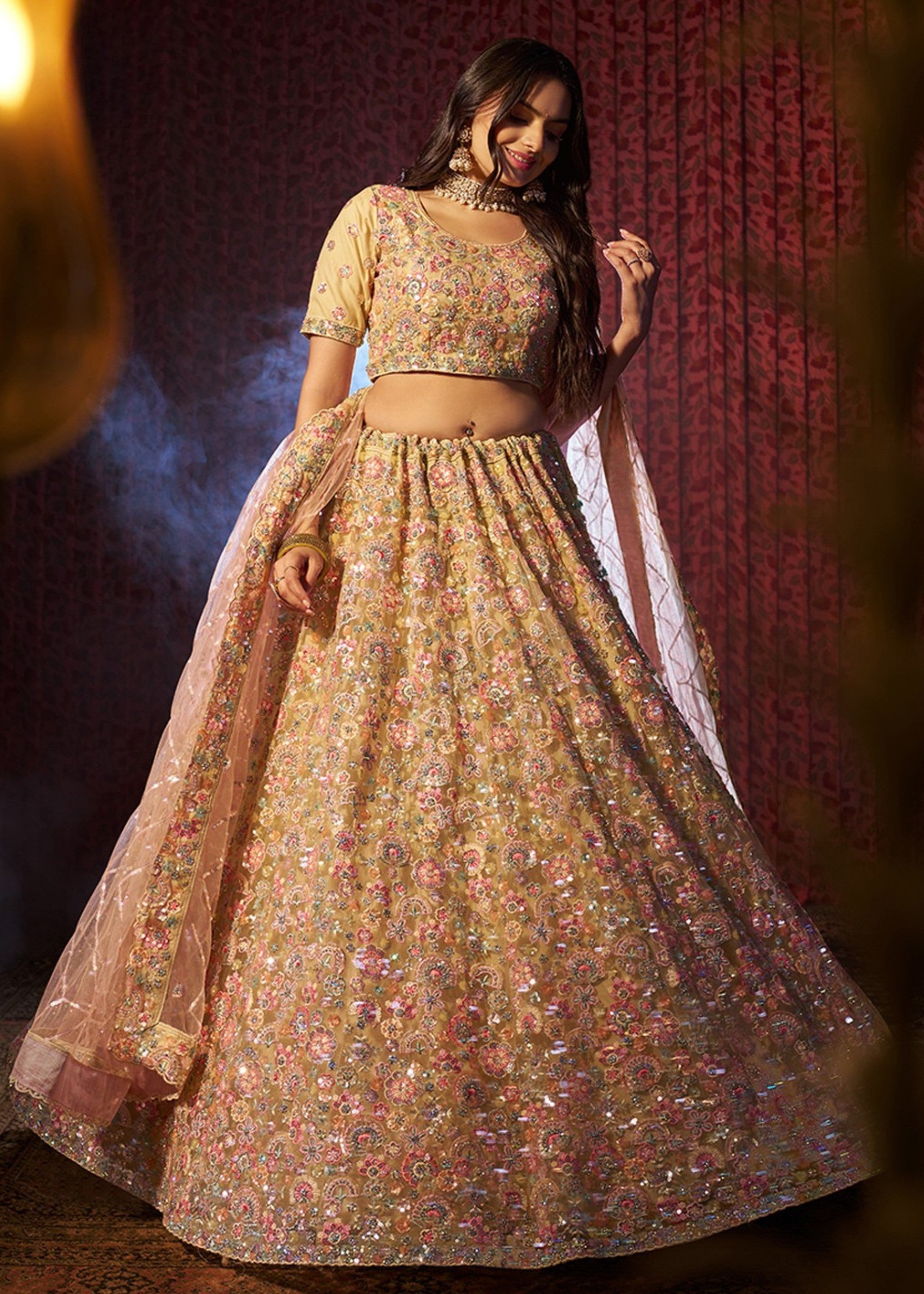 Beige Sequins Thread work Net Lehenga | Ready To Wear - qivii