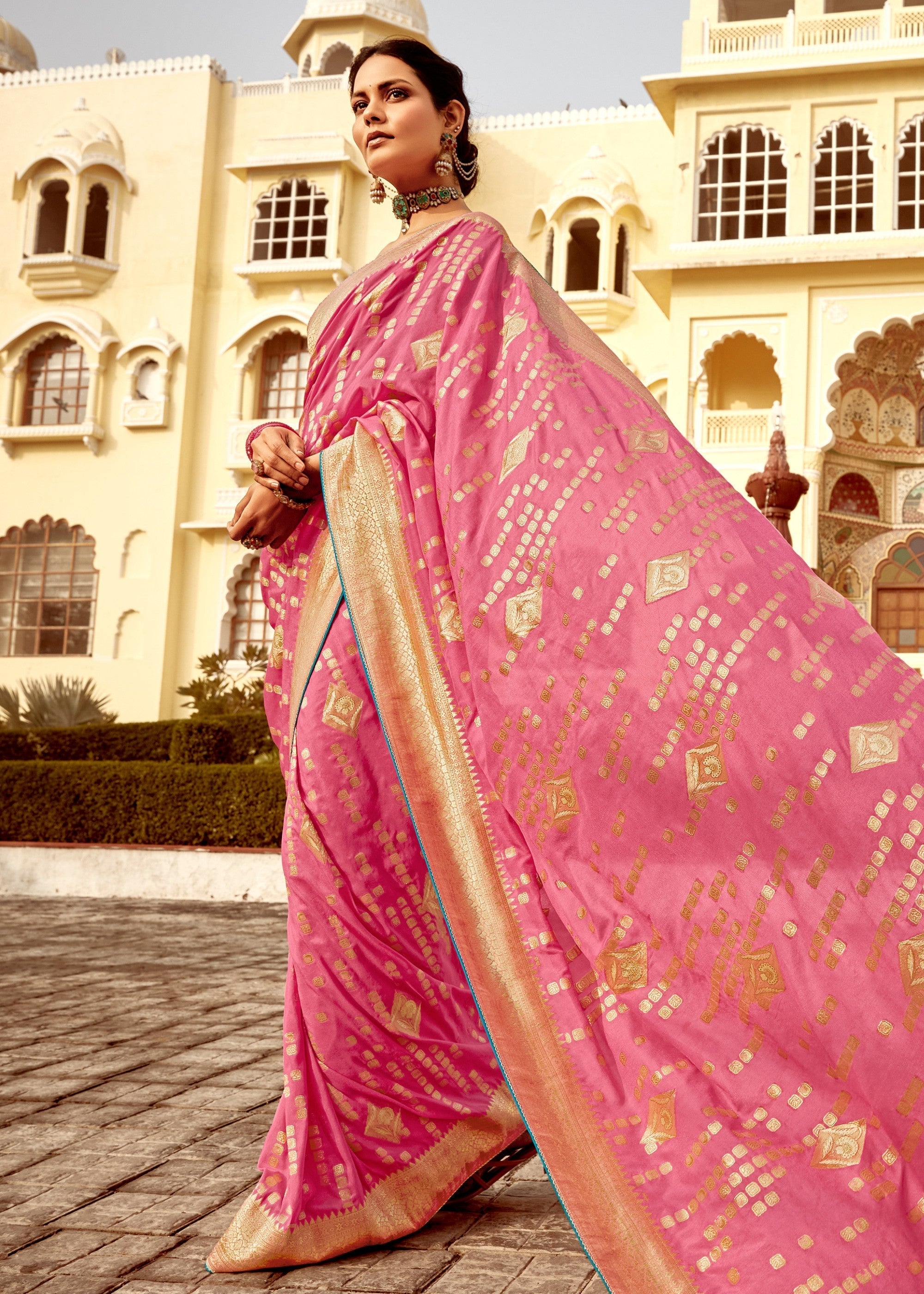 Rose Pink Dola Silk Saree Embellished With Weaving Work And Heavy Embroidered Blouse - qivii