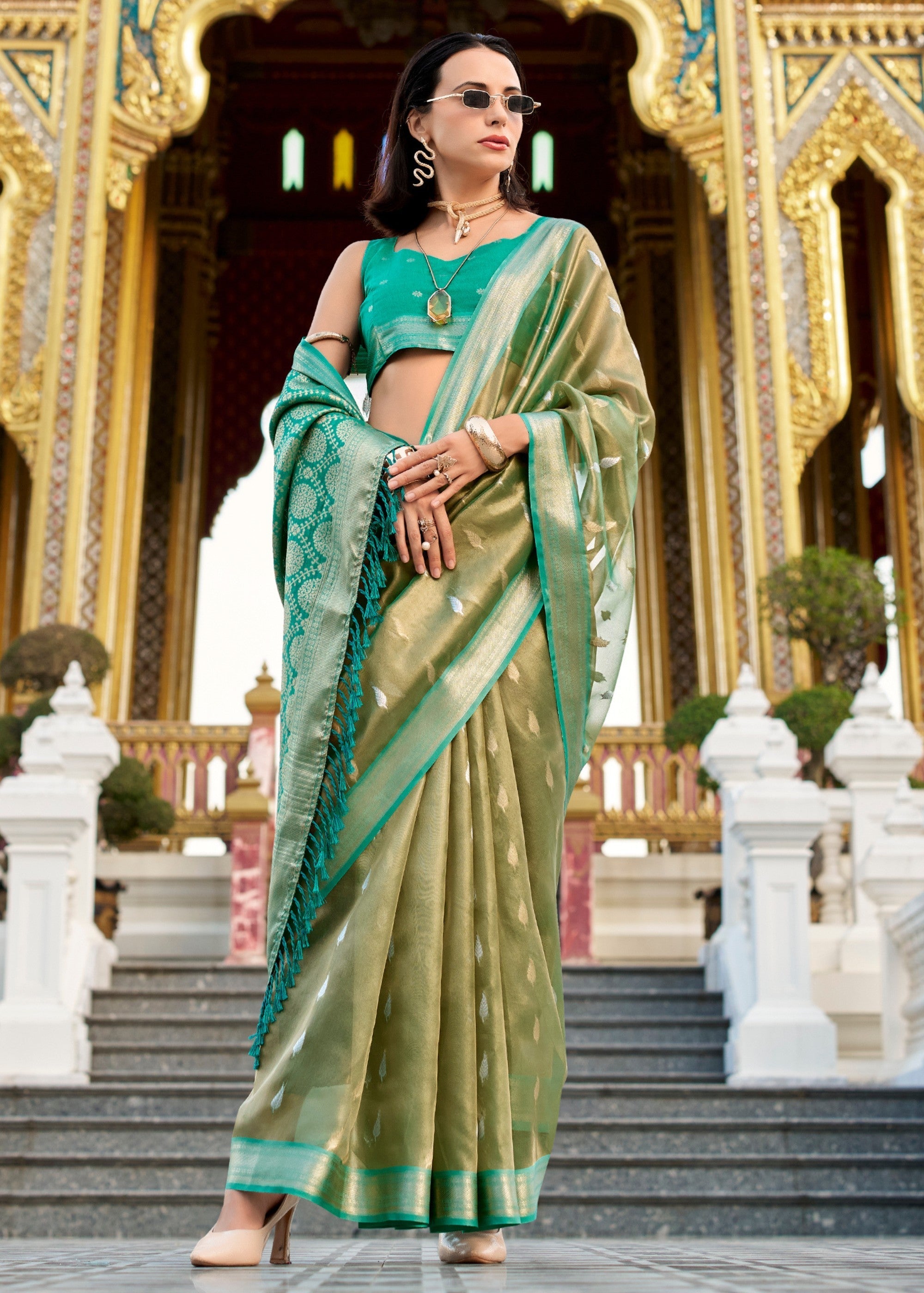 Shades of Green Tissue Silk Saree With Zari Weaving And Contrast Blouse - qivii