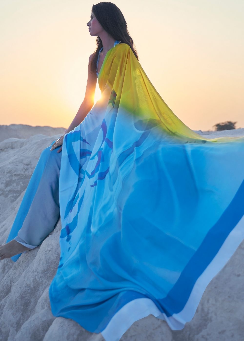 Maya Blue Digital Printed Crepe Silk Saree - qivii