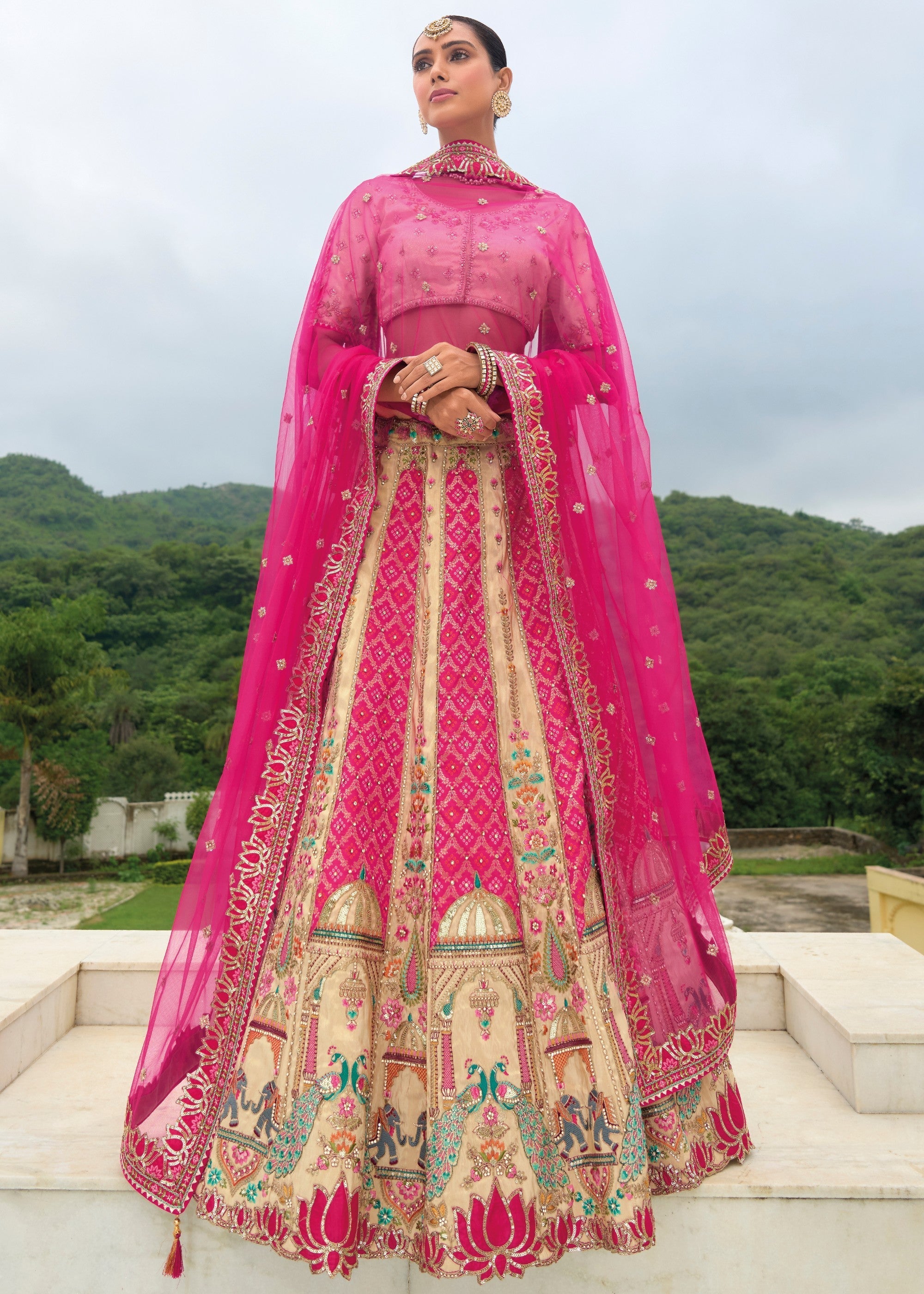 Off White And Pink Banarasi Silk Lehenga With Heavy Embroidery Work | Ready To Wear - qivii