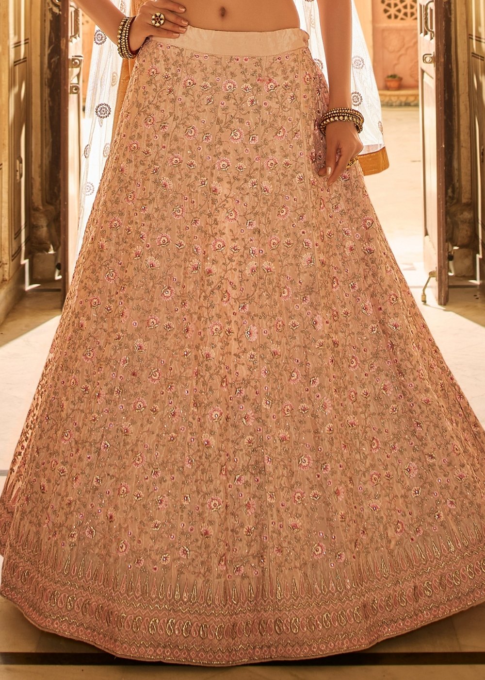 Peach Pink Crepe Lehenga Choli with Zari, Dori, Thread & Zarkan work | Ready To Wear - qivii