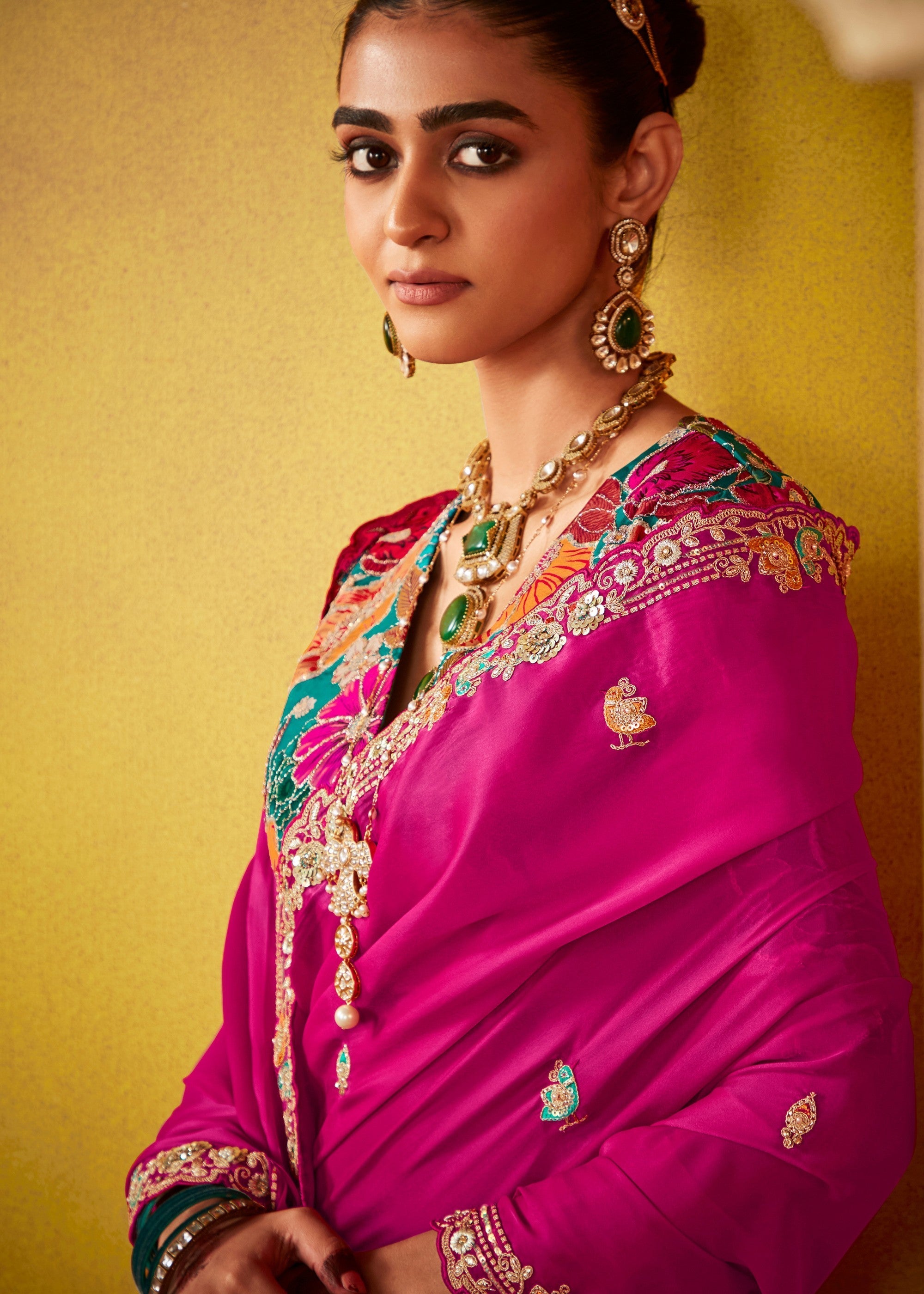 Barbie Pink Glass Tissue Silk Saree With Sequins And Thread Embroidered Work - qivii