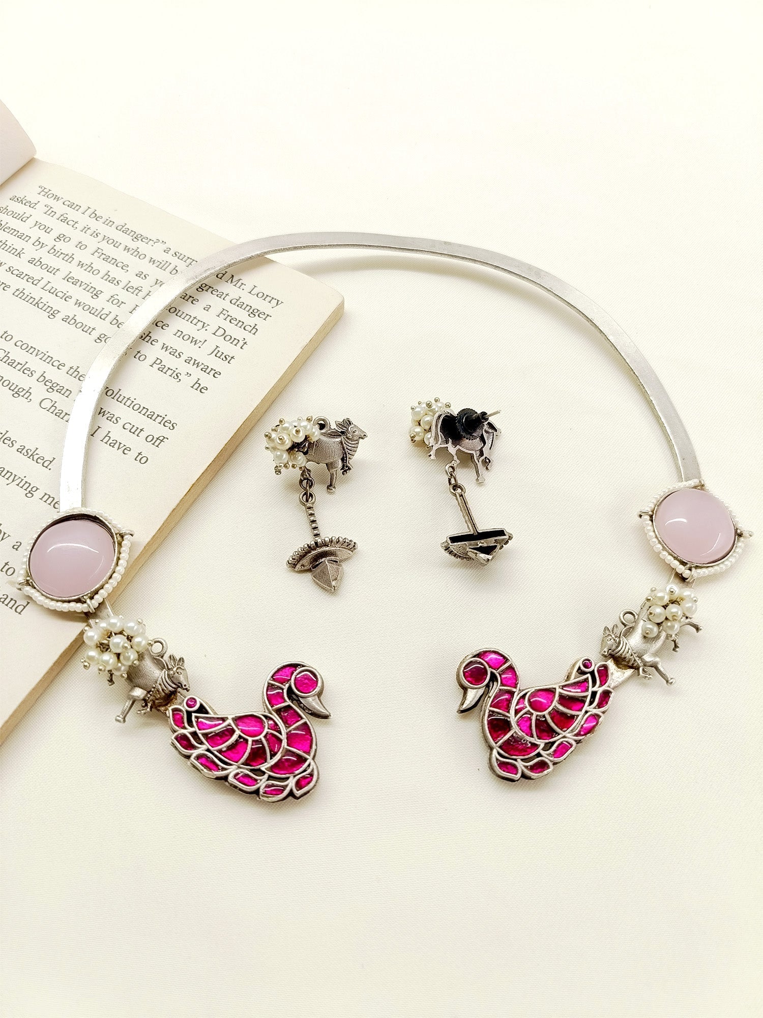 Tamina Majenta Peacock Oxidized Hasli Style Necklace Set - qivii