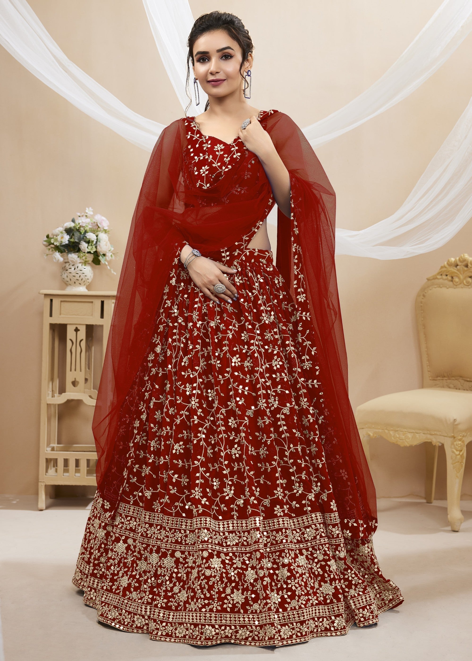 Maroon Red Georgette Lehenga Choli With Sequins Zari Embroidered Work | Ready To Wear - qivii