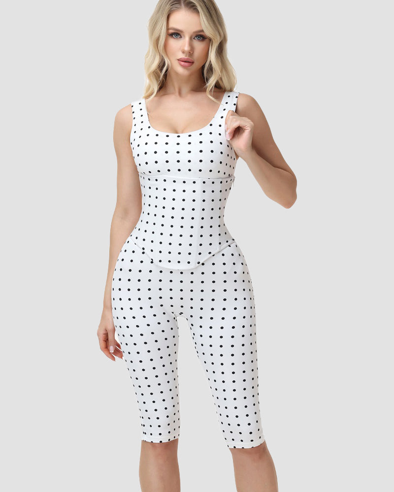 Polka Dot Square Neck Capri Jumpsuit with Hourglass Detachable Corset Two-Piece Set - By Qivii