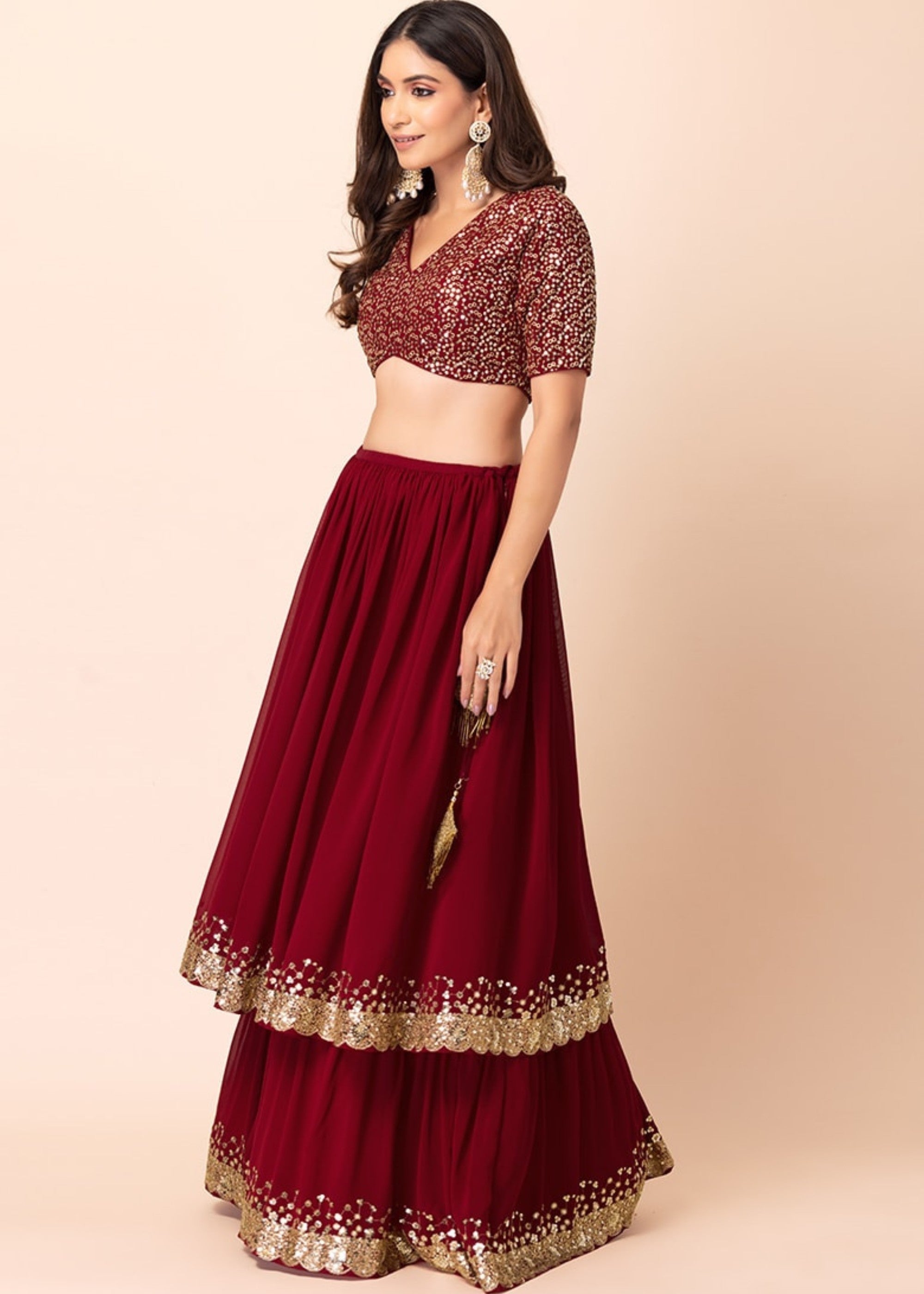 Garnet Red Georgette Lehenga Choli With Sequins And Thread Embroidery Work | Ready To Wear - qivii
