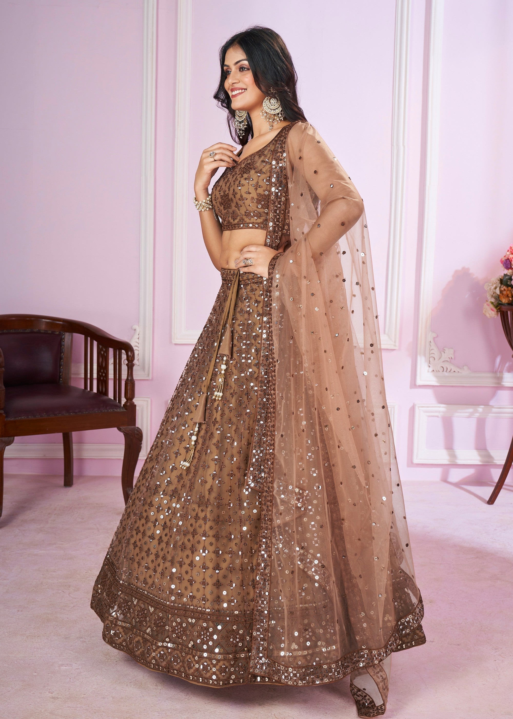 Cinnamon Brown Net Lehenga Choli With Sequins And Thread Embroidery Work | Ready To Wear - qivii