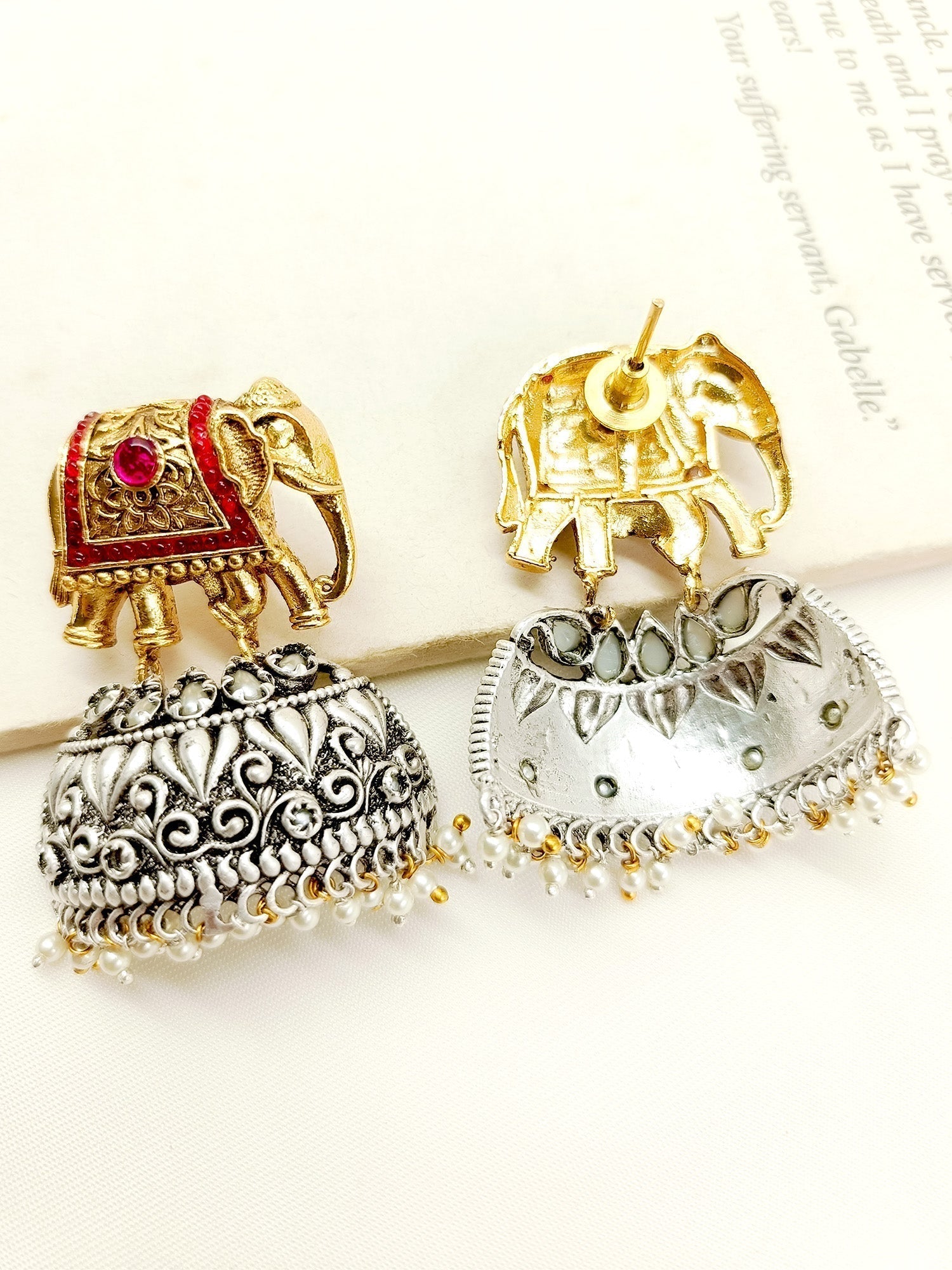 Ritvi Red Elephant Oxidized Earrings - qivii