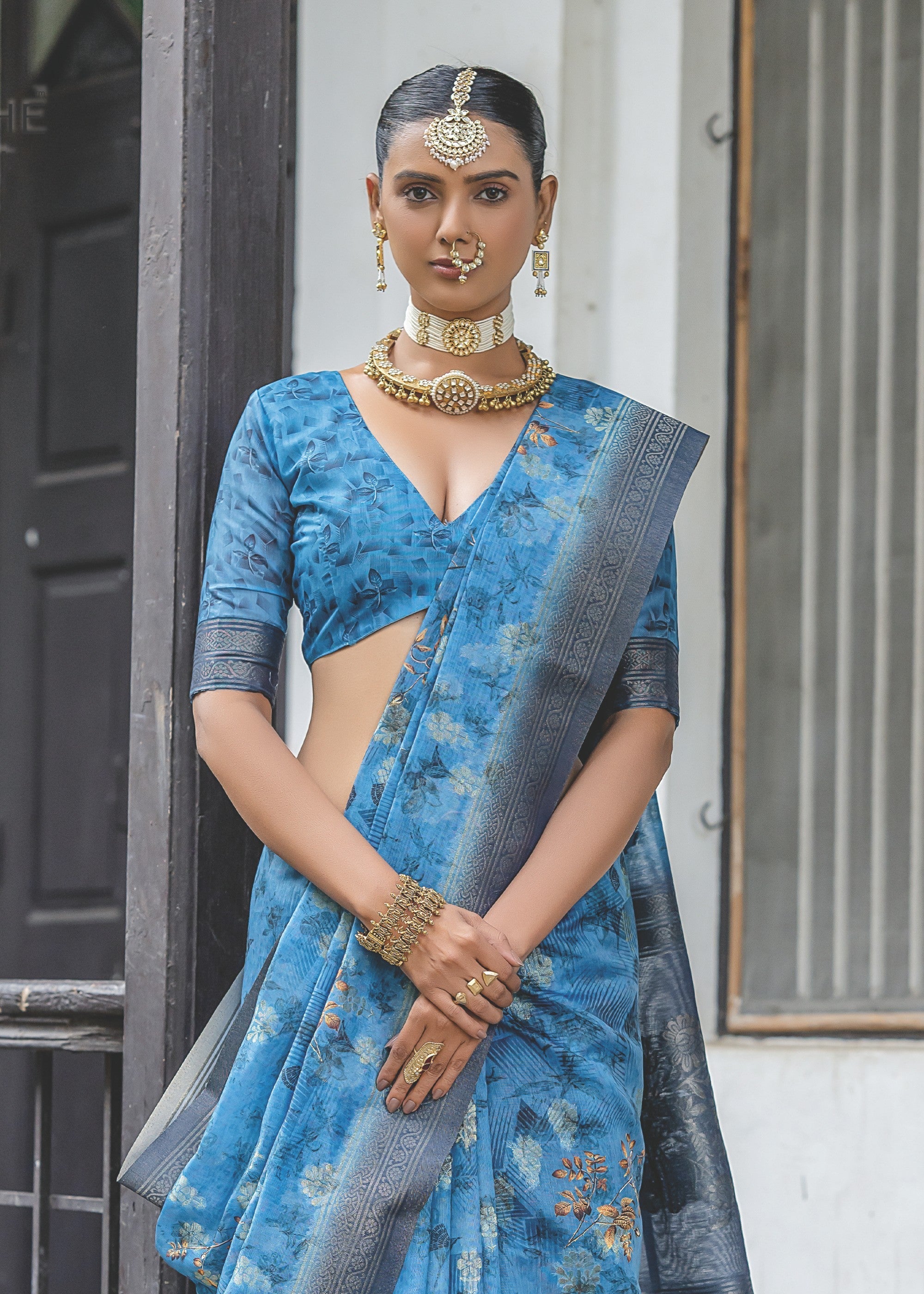 Azure Blue Woven Silk Saree - qivii