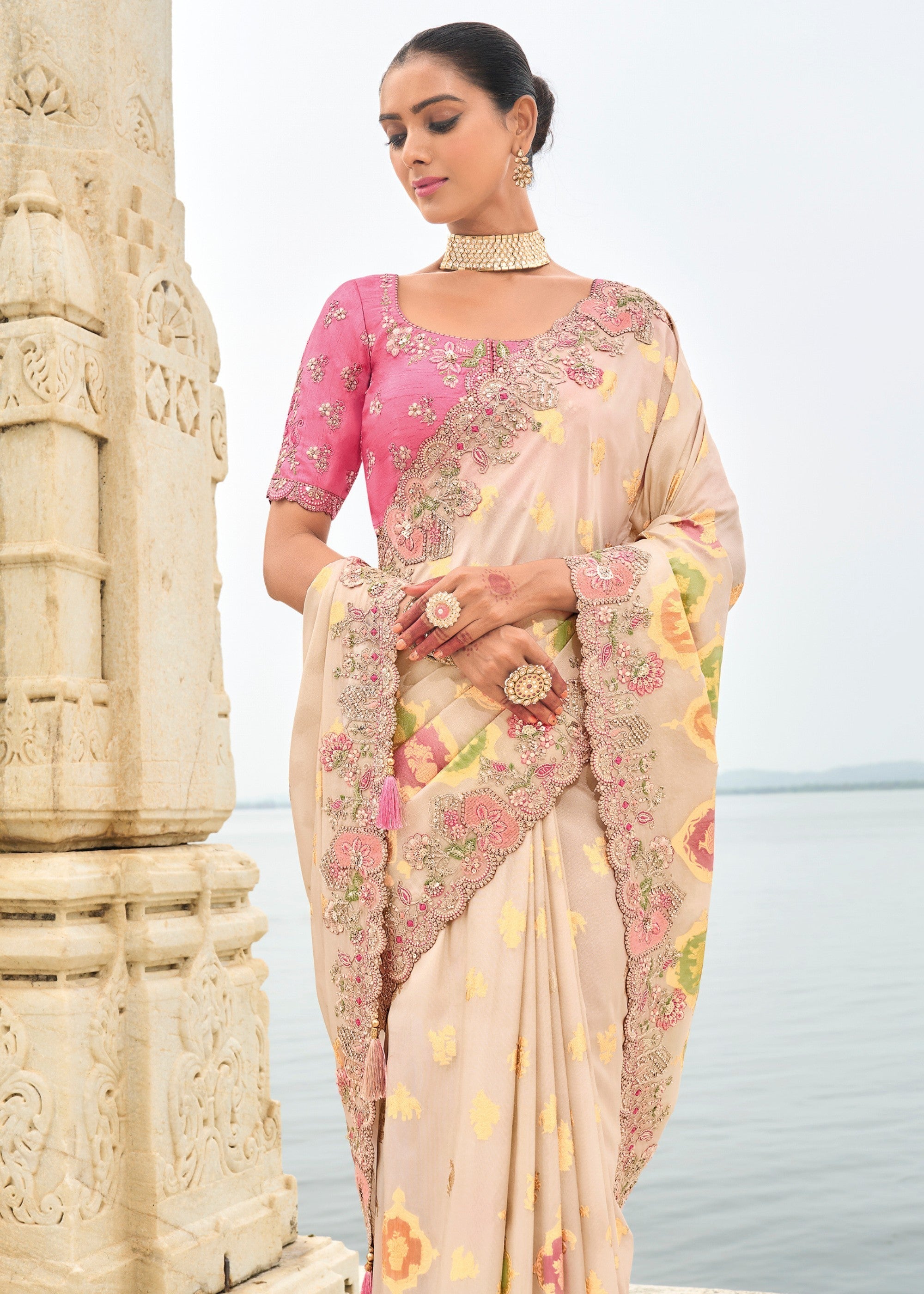 Off White Viscose Tissue Silk Saree With Embroidery Cut Work Border And Sequence Work - qivii