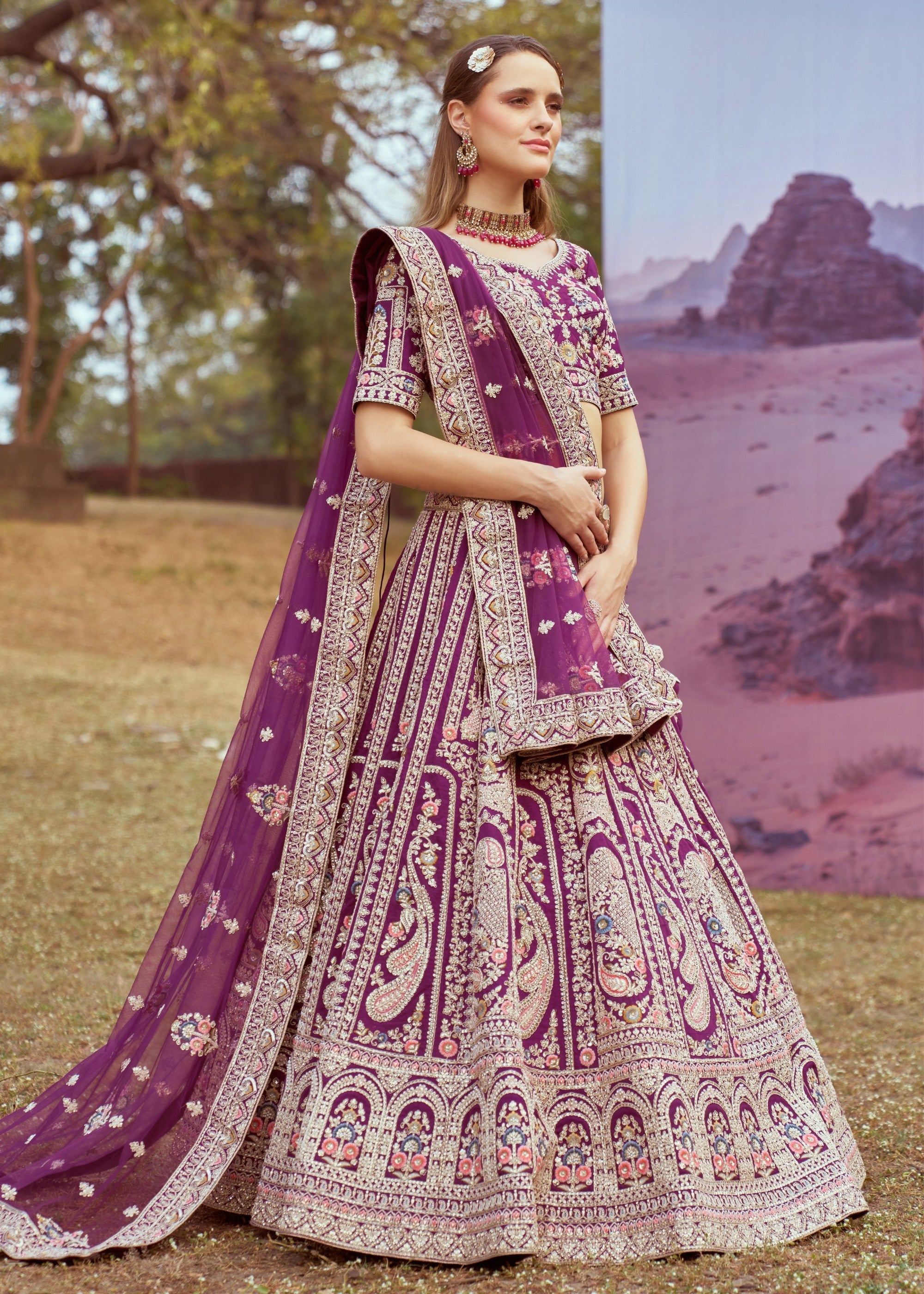 Dark Purple Pure silk Moti, Coding embroidery Bridal Lehenga | Ready To Wear - qivii