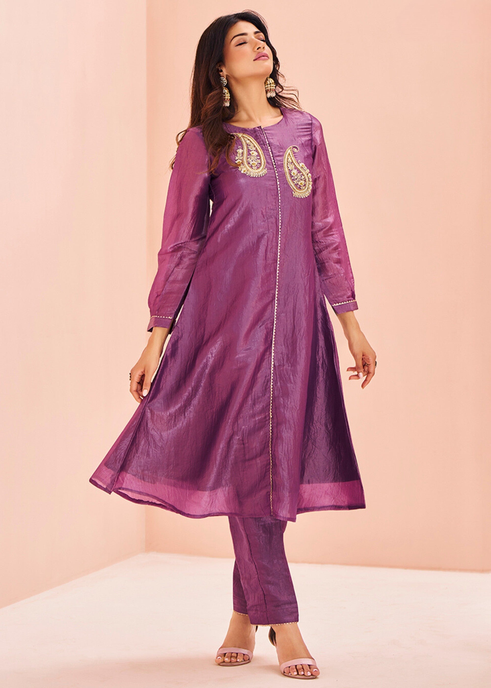 Purple Organza Handwork Kurta with Pant - qivii