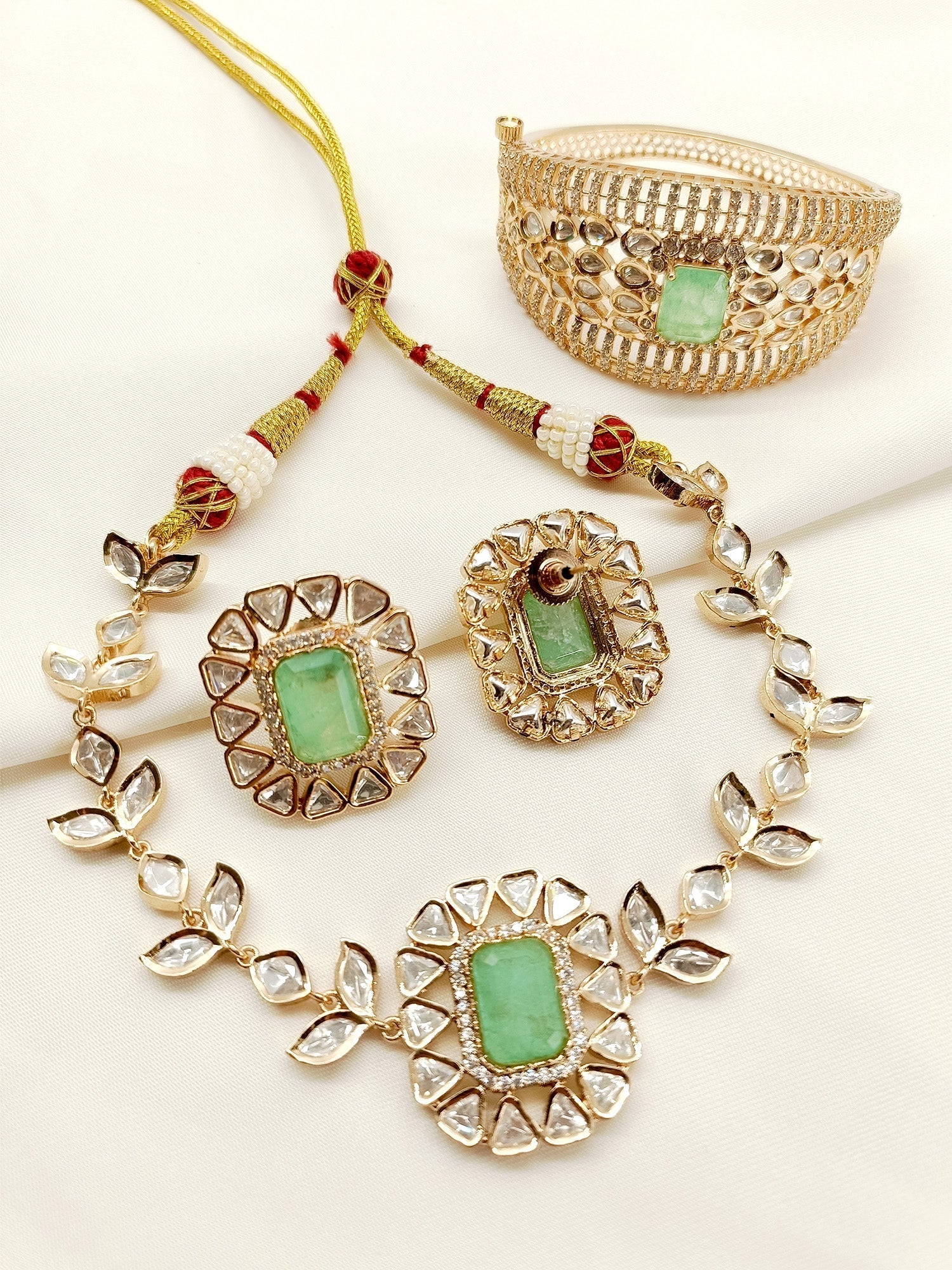 Aditi Mint Green Kundan Choker With Bracelet Combo set - qivii