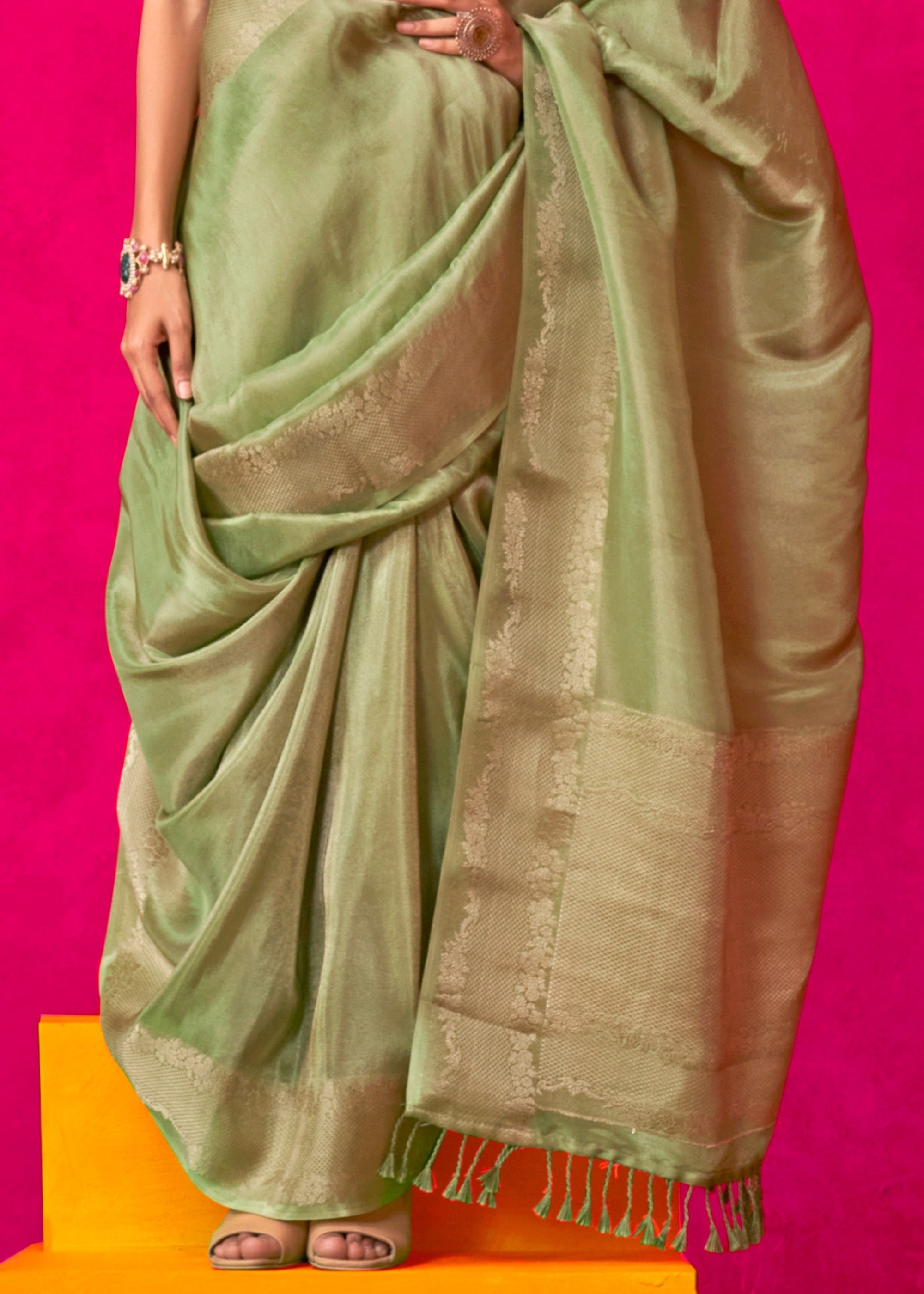 Bud Green Zari Tissue Silk Saree With Weaving Border - qivii