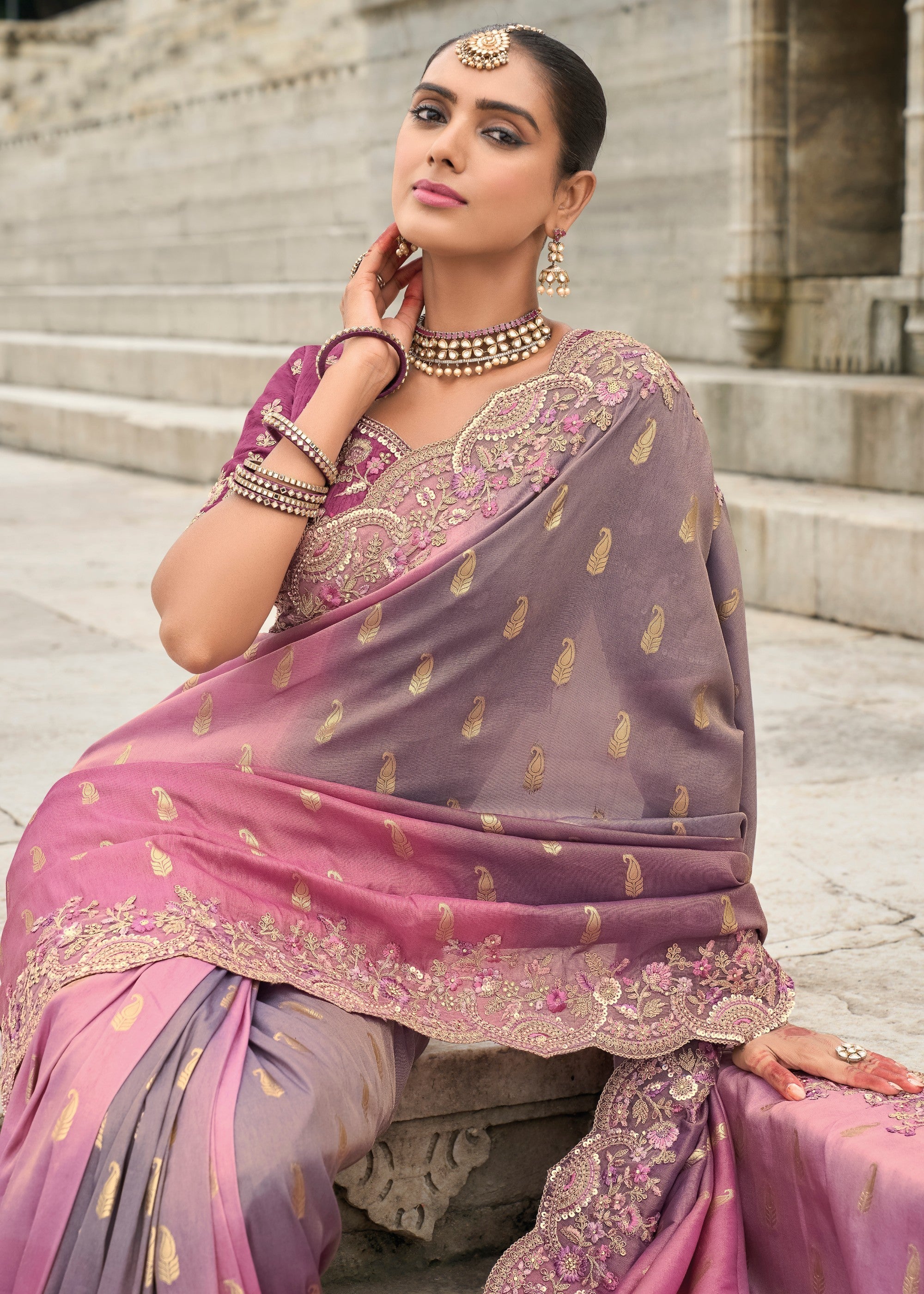 Mauve Purple And Pink Viscose Tissue Silk Saree With Embroidery Cut Work Border And Sequence Work - qivii