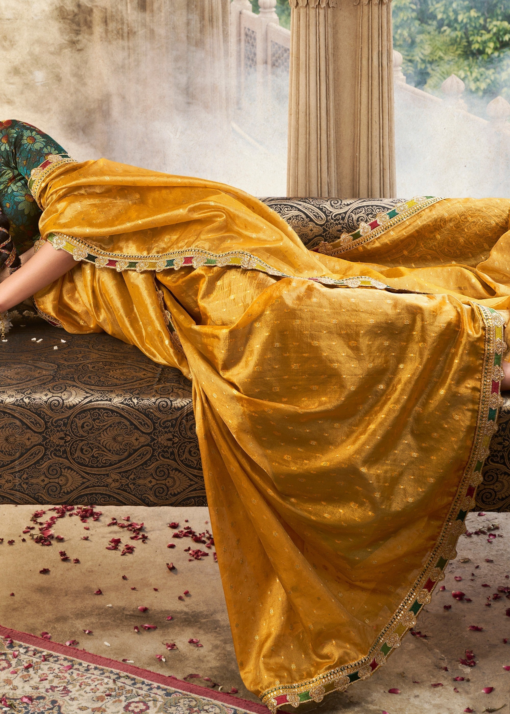 Tuscany Yellow Tissue Silk Saree With Multicolored Lace & Designer Blouse - qivii