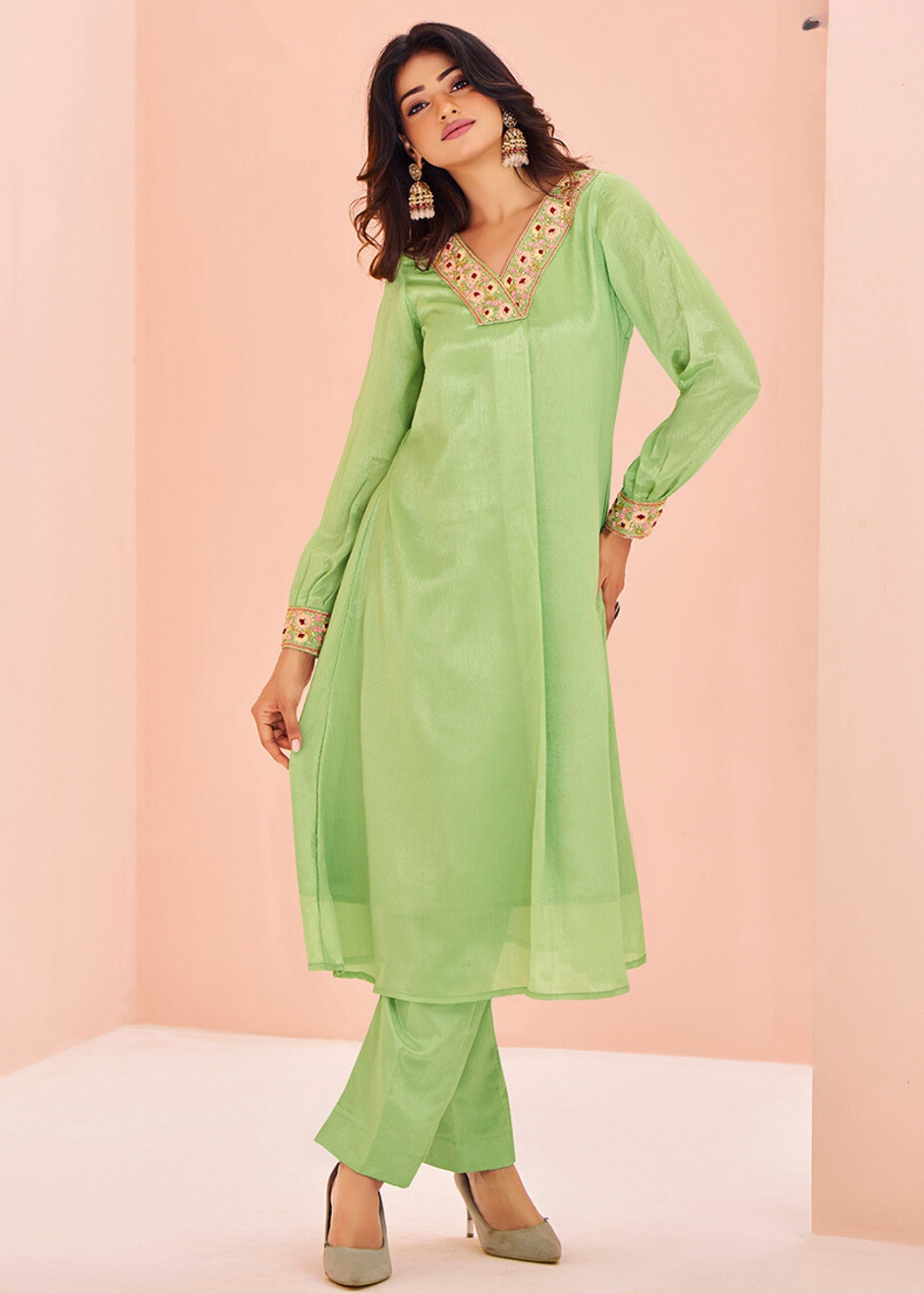 Chinon Green Handwork Kurta with Pant - qivii