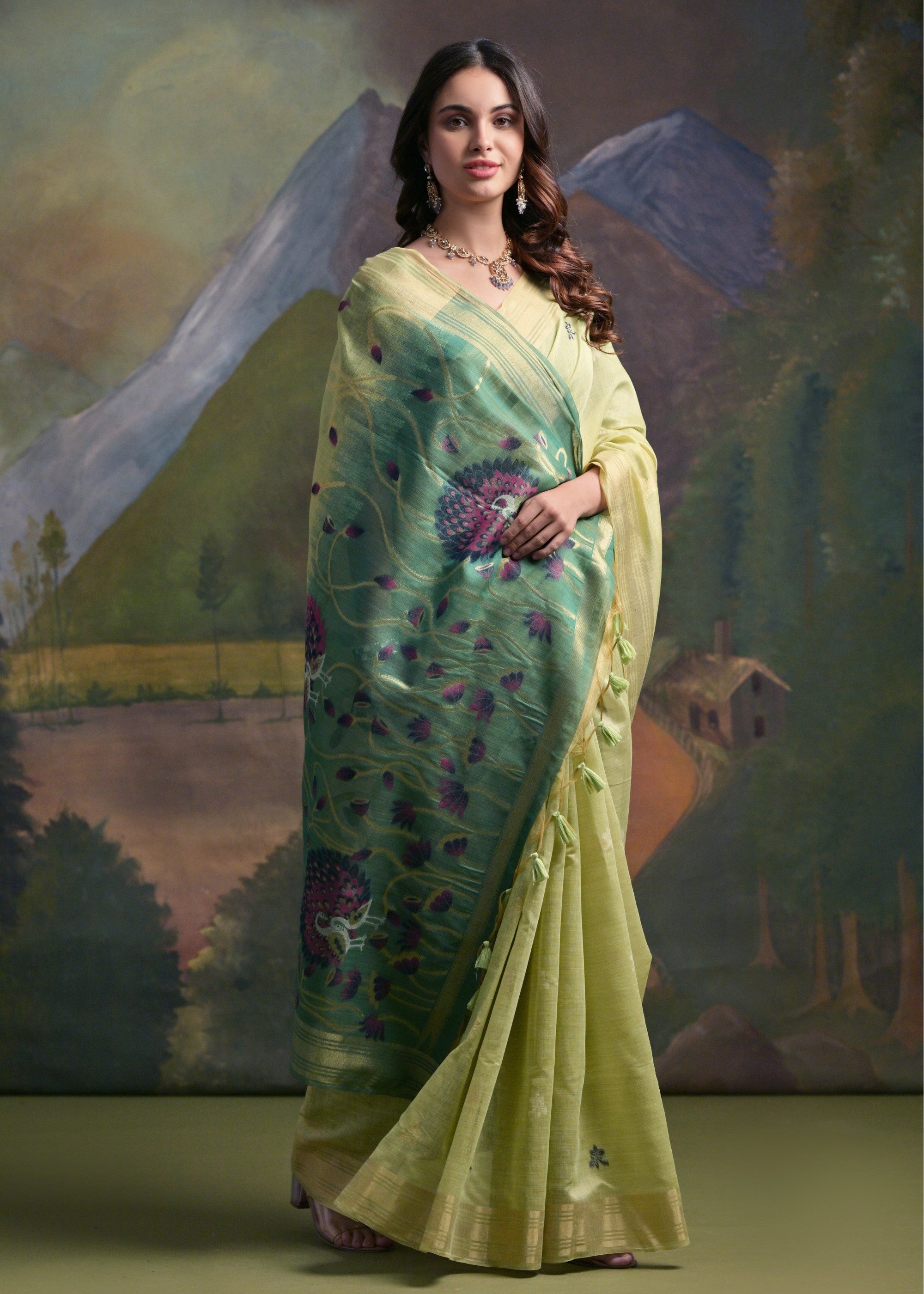 Tea Green Thread Woven Cotton Saree With Contrast Blouse And Pallu - qivii