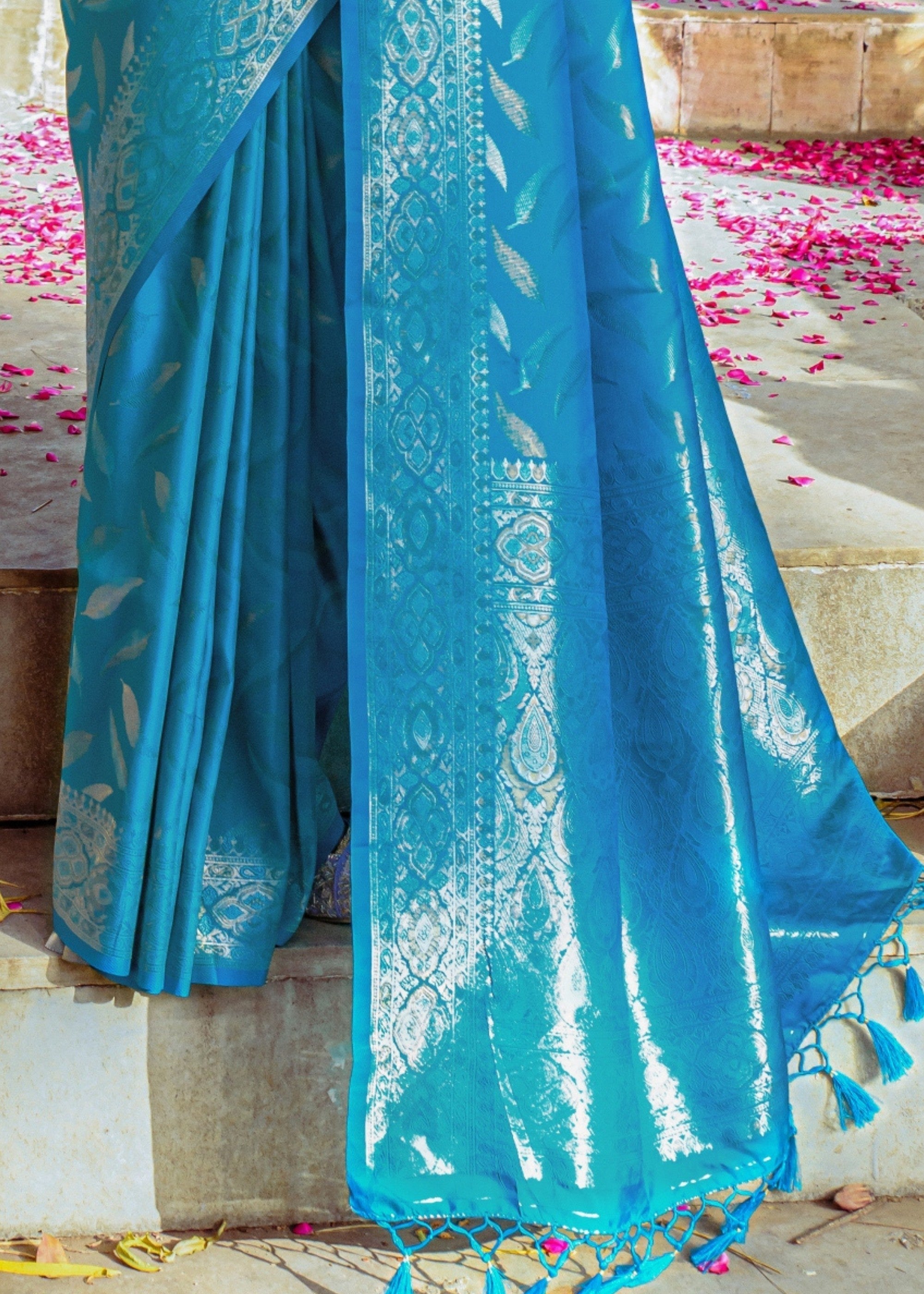 Cerulean Blue Zari Woven Silk Saree - qivii