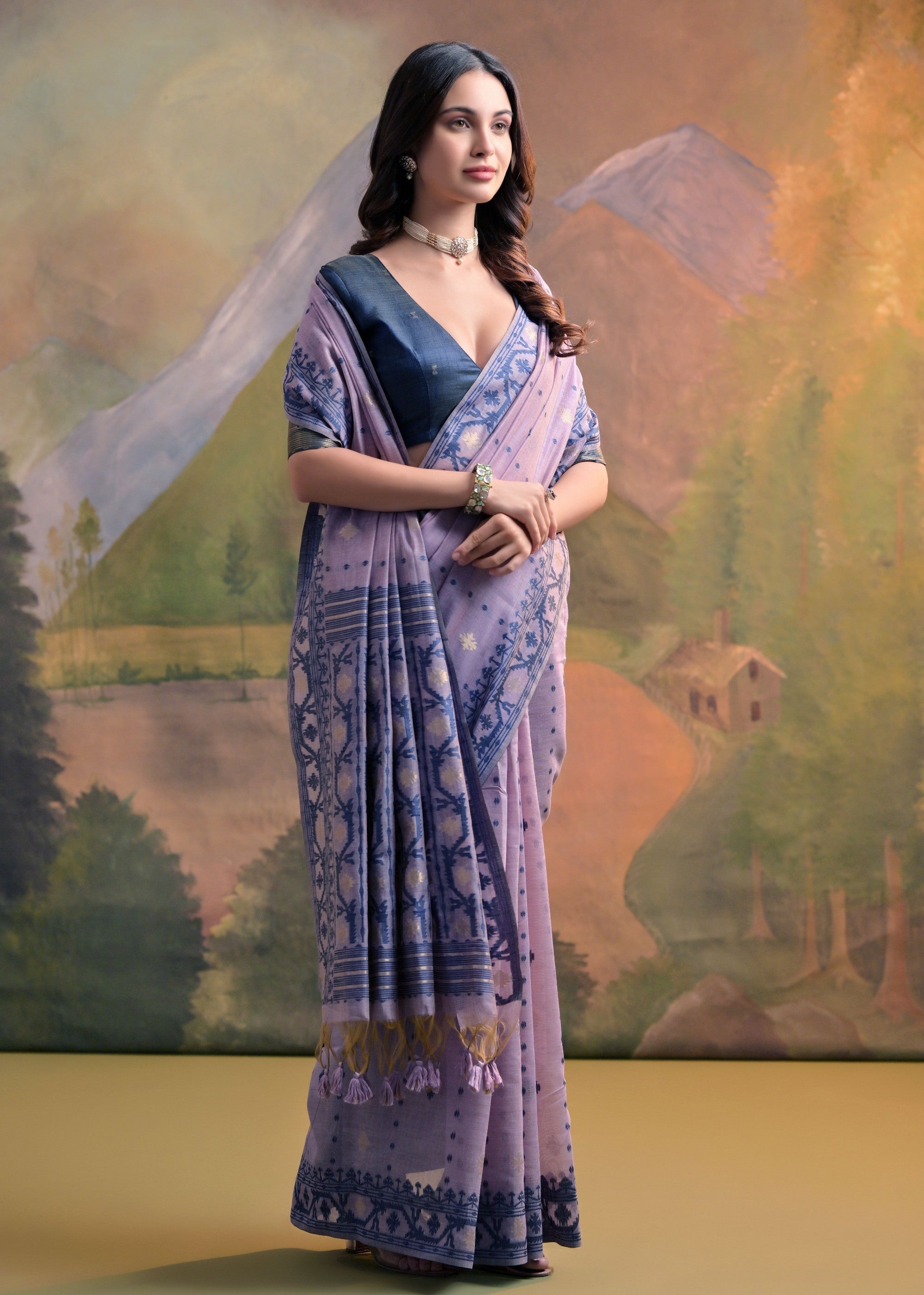Pastel Purple Thread Woven Cotton Saree With All Over Butti - qivii