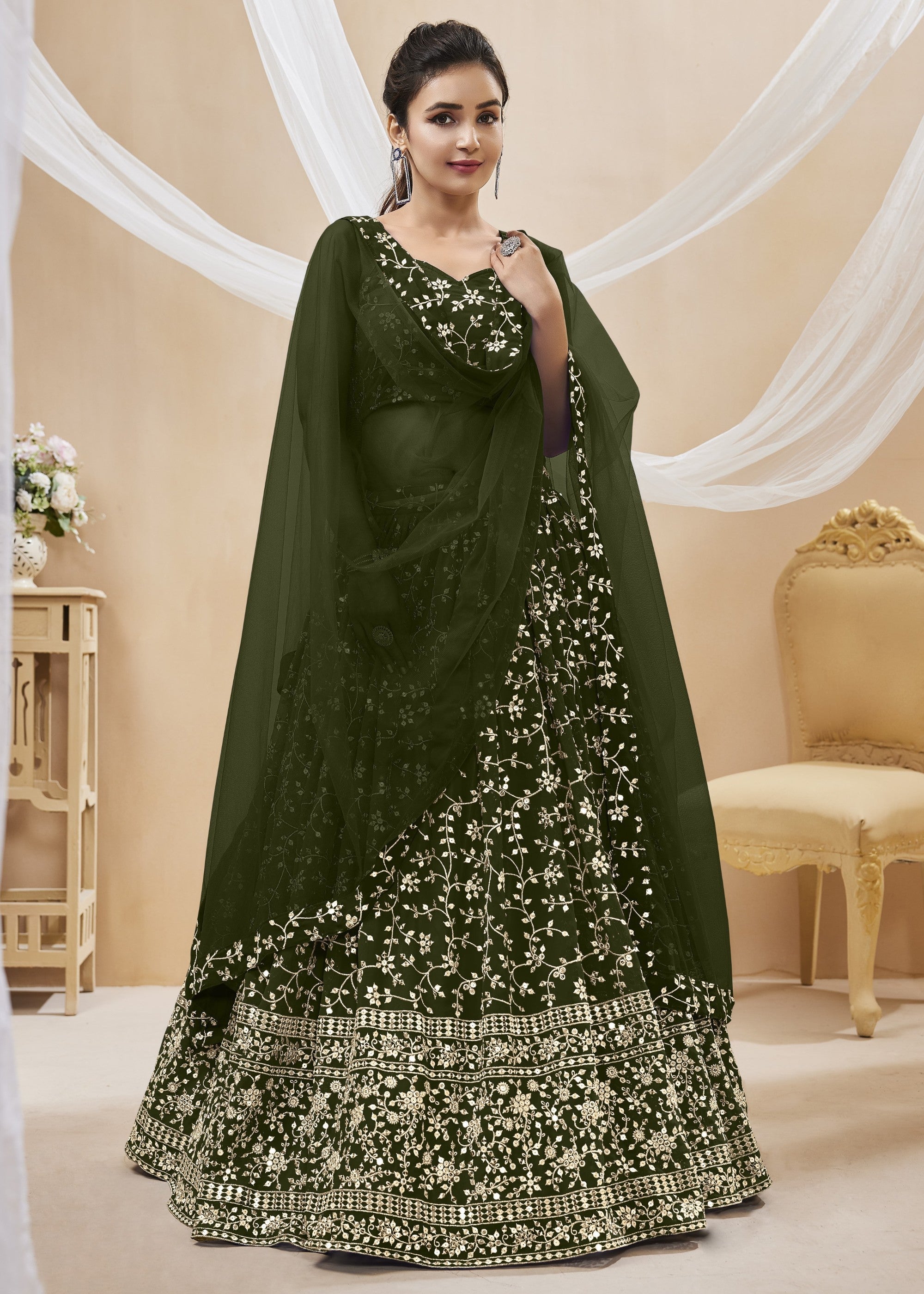 Mehendi Green Georgette Lehenga Choli With Sequins Zari Embroidered Work | Ready To Wear - qivii