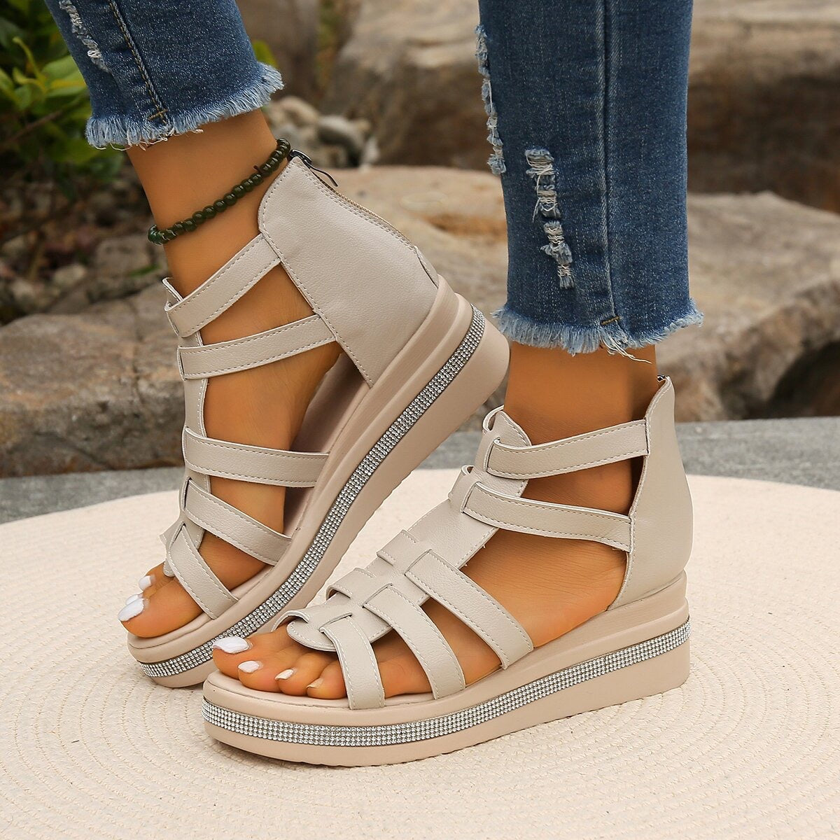 Women’s Plus Size Roman Zipper Sandals - Adjustable Ankle-Strap Slide Sandals with Height Boost for Summer