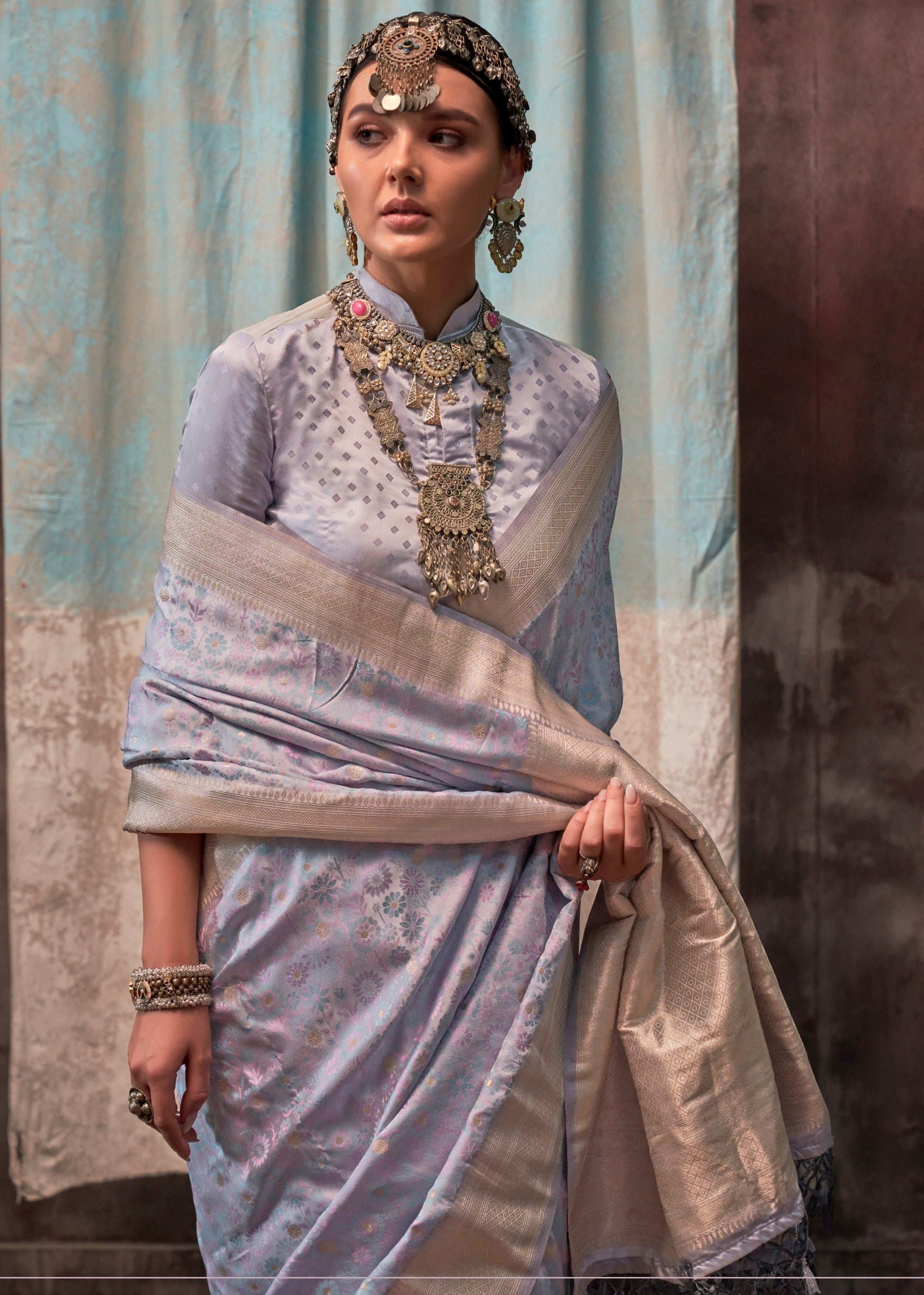 Sky Blue Pure Satin Handloom Weaving Silk Sarees - qivii