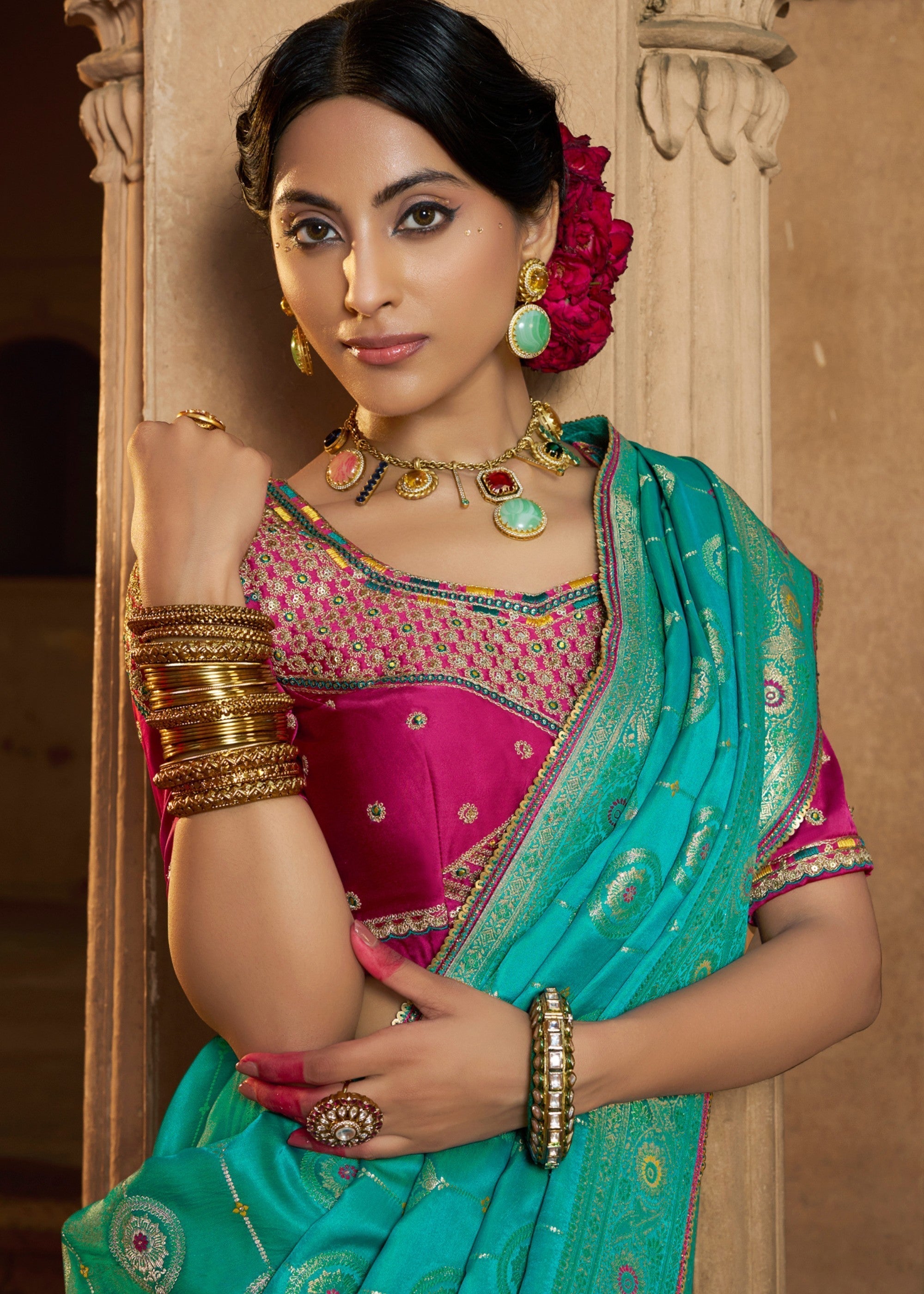 Persian Green Satin Silk Saree With Beautiful Lace Border And Heavy Designer Embroidered Blouse - qivii