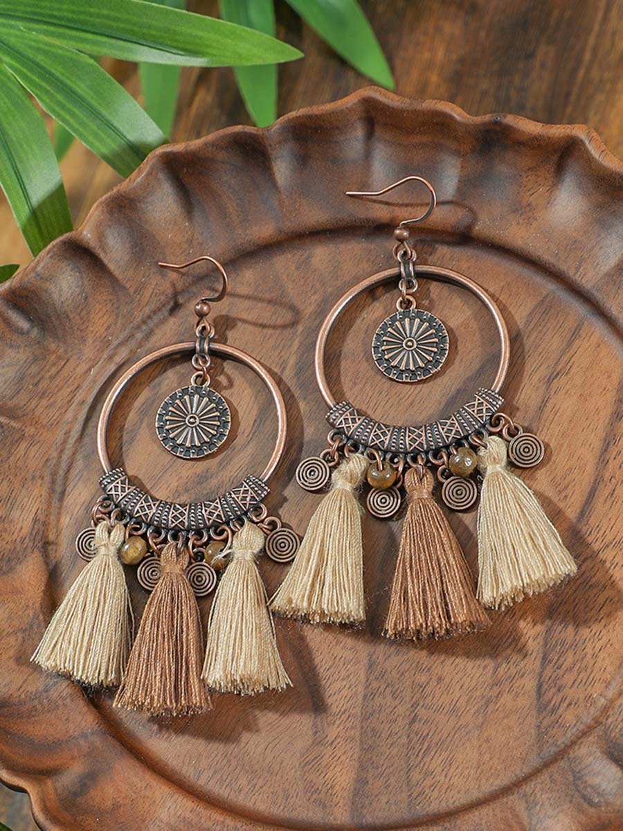 Vintage Distressed Bohemian Tassel Necklace Earrings Set - By Qivii