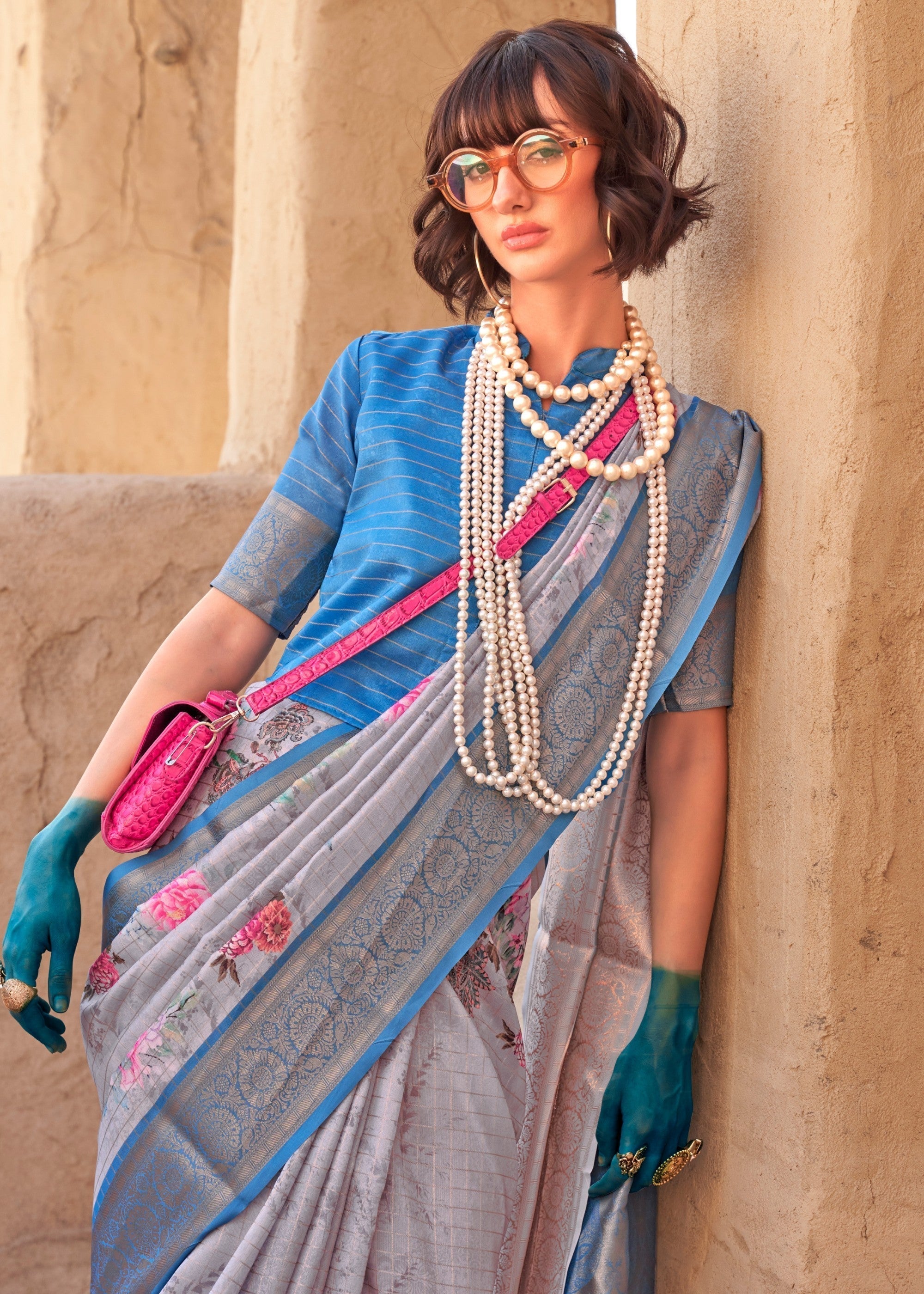 Vivid Blue and Gray Printed Handloom Georgette Saree - qivii