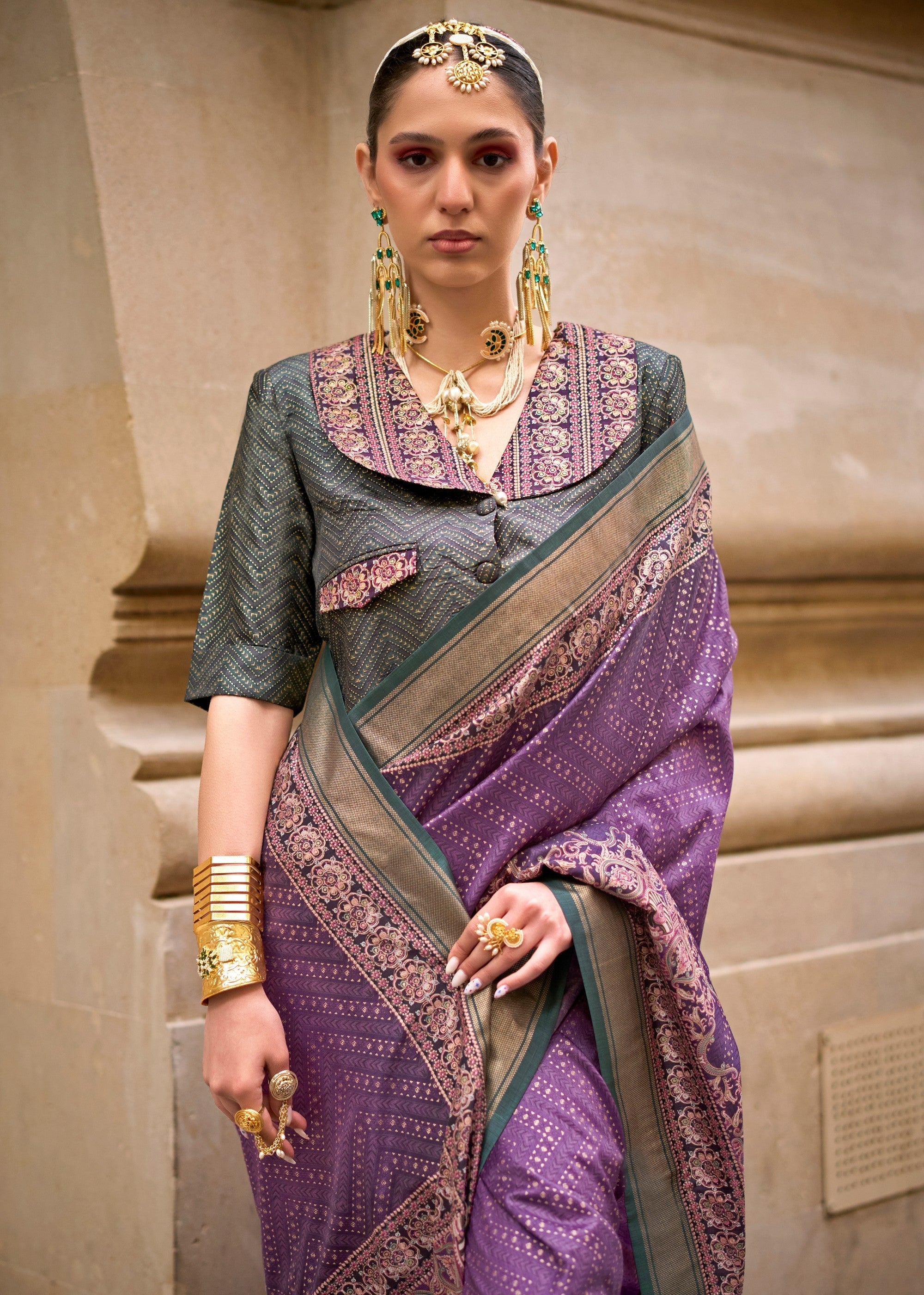 Purple Poly Viscose Silk Saree With Foil Print - qivii