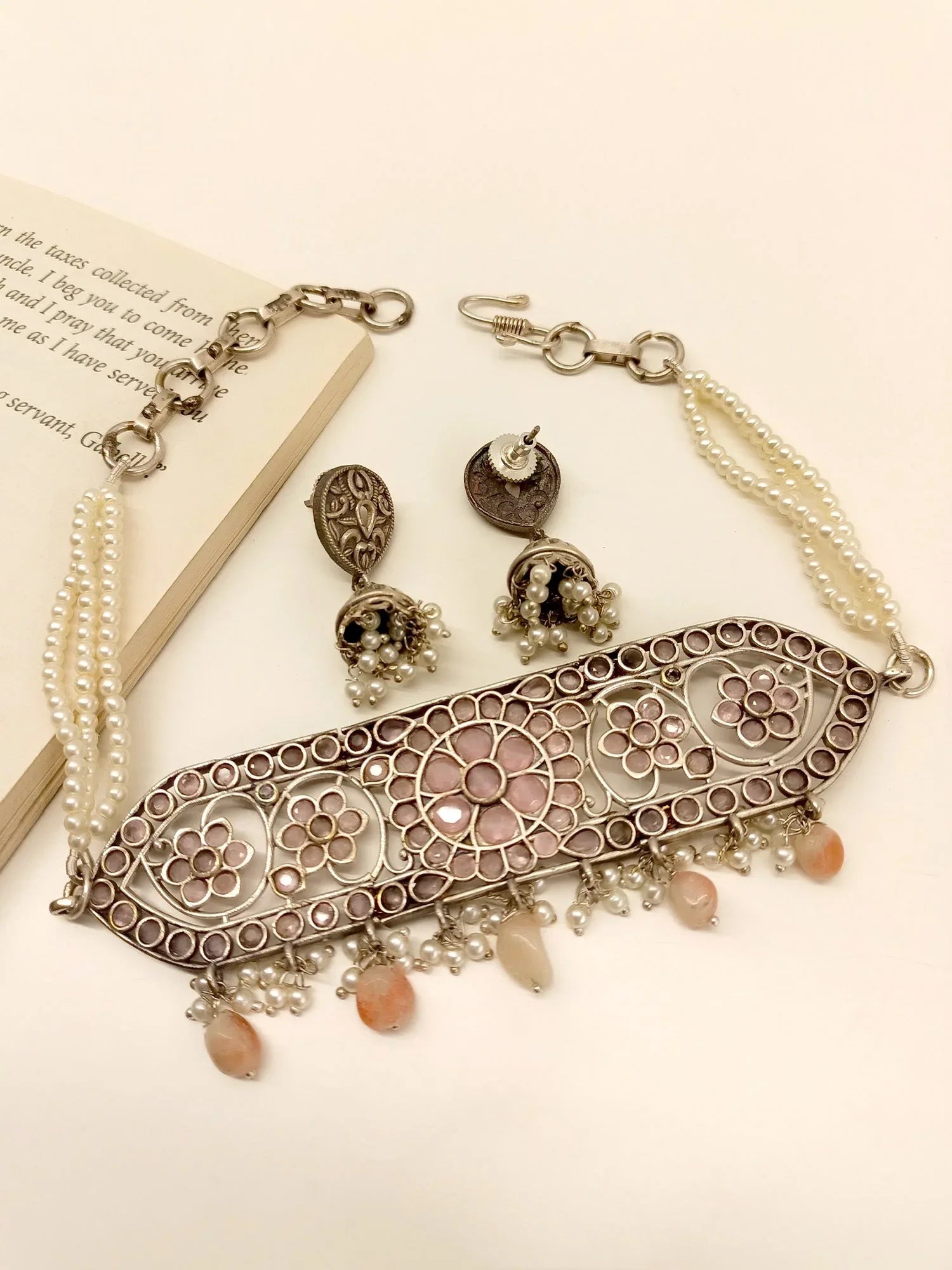 Java Baby Pink Oxidized Choker Set