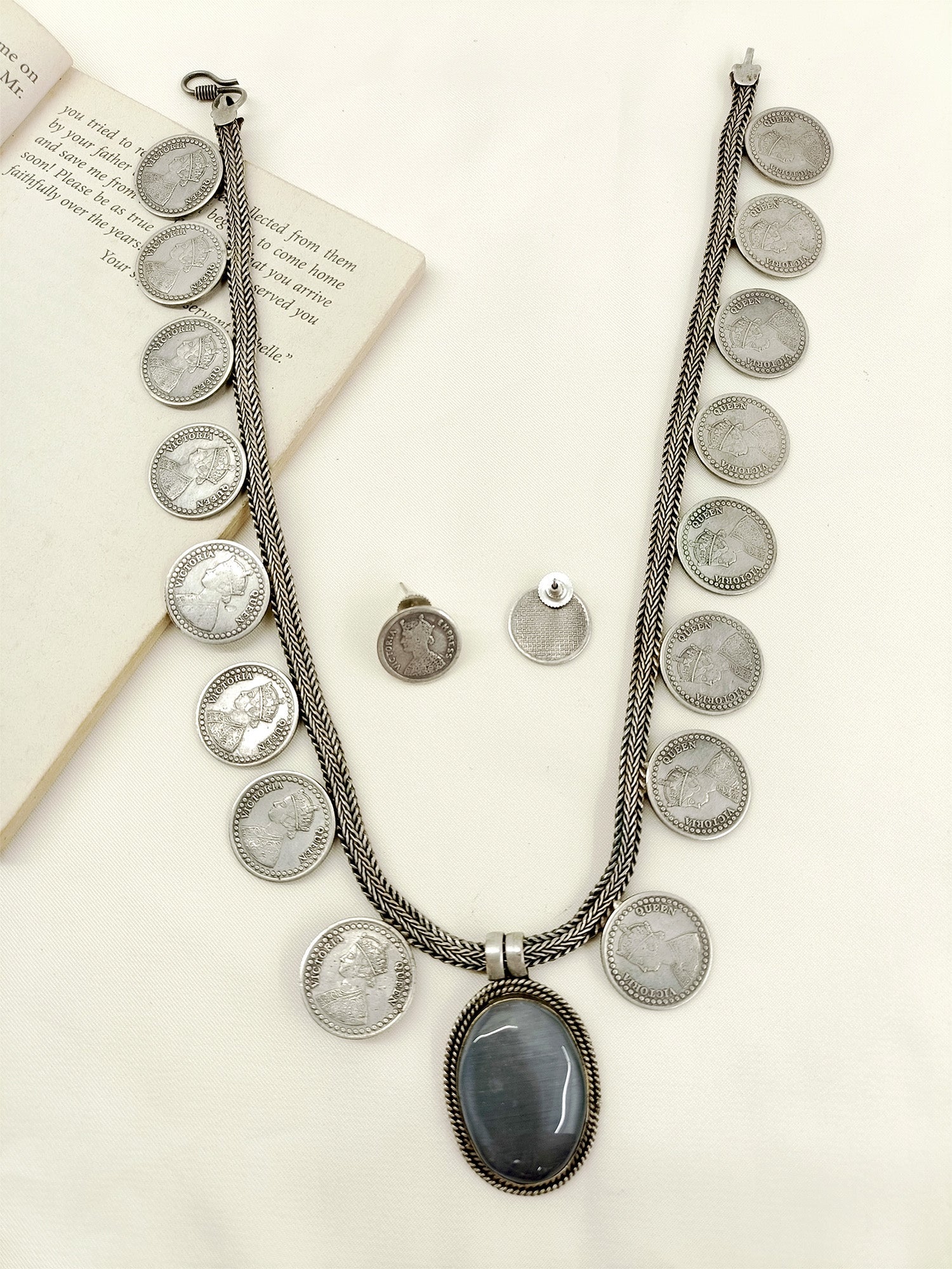 Erum Grey German Silver Oxidized Necklace Set - qivii