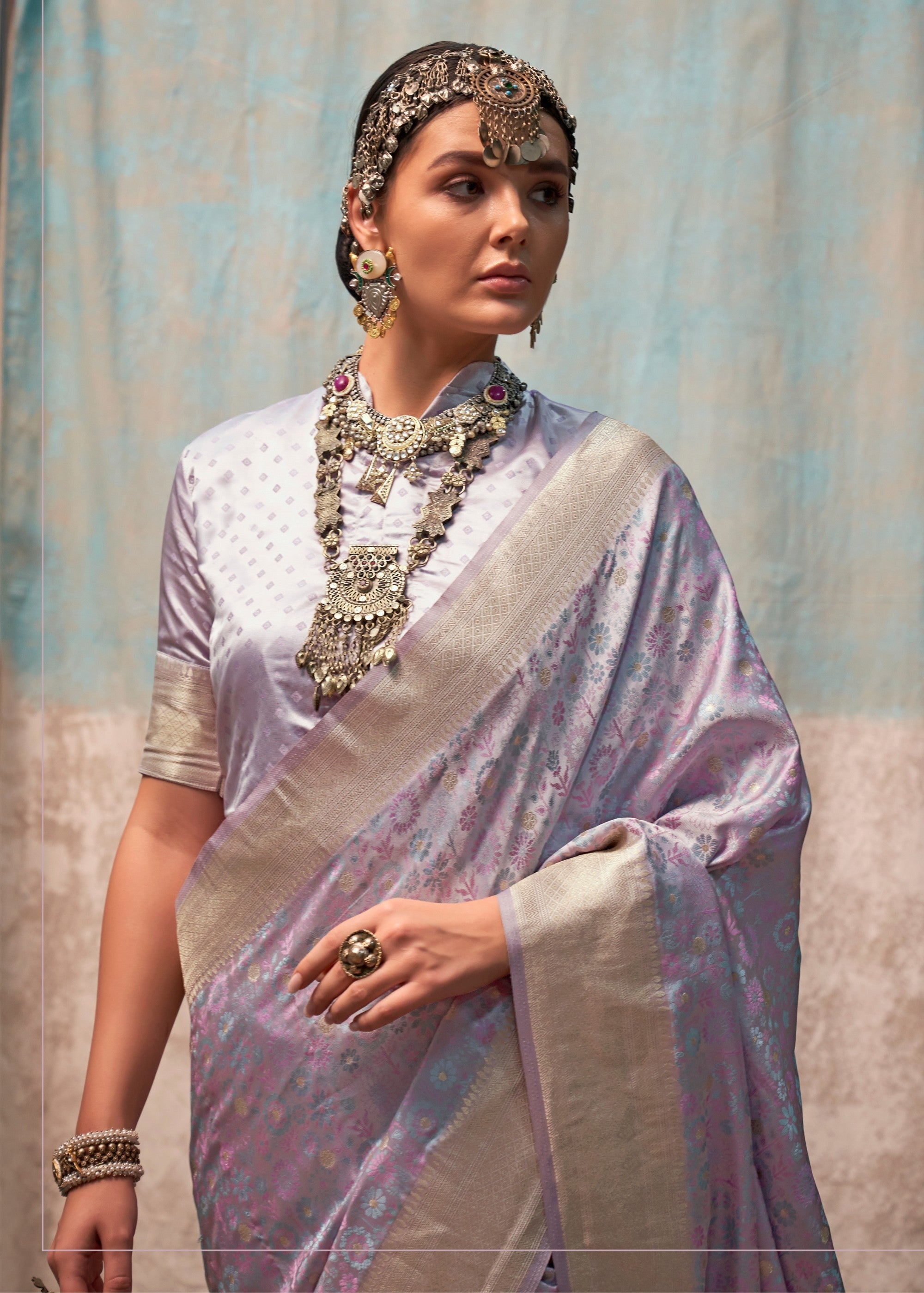 Lavender Pure Satin Handloom Weaving Silk Sarees - qivii