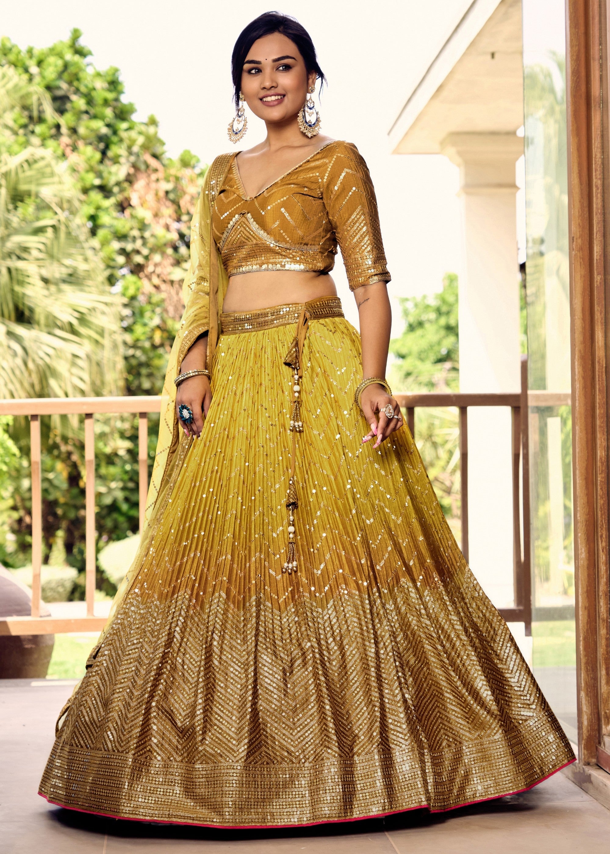 Butterscotch Yellow Chinon Silk Lehenga With Sequence and Thread Embroidery Work | Ready To Wear - qivii